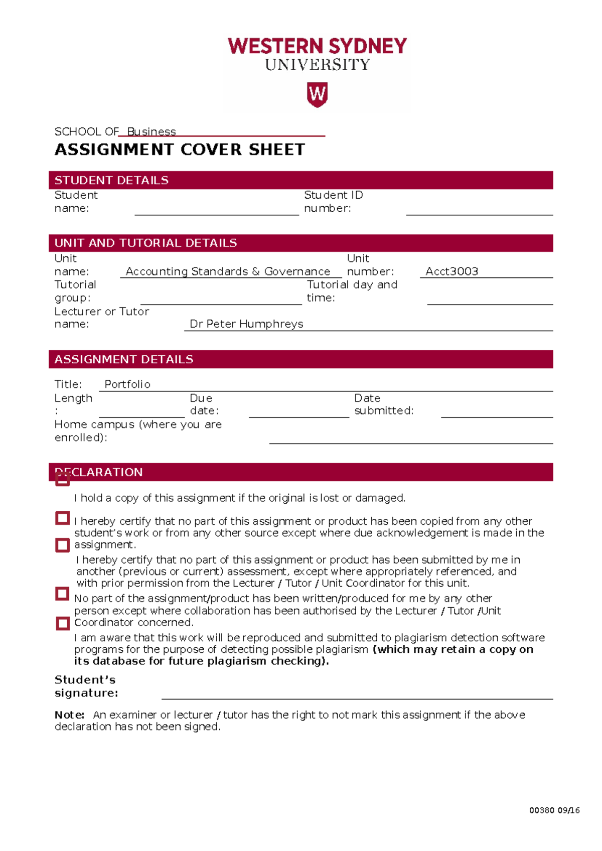 00380 0916 Assignment Cover Sheet- Fillable Online - School Of Business 