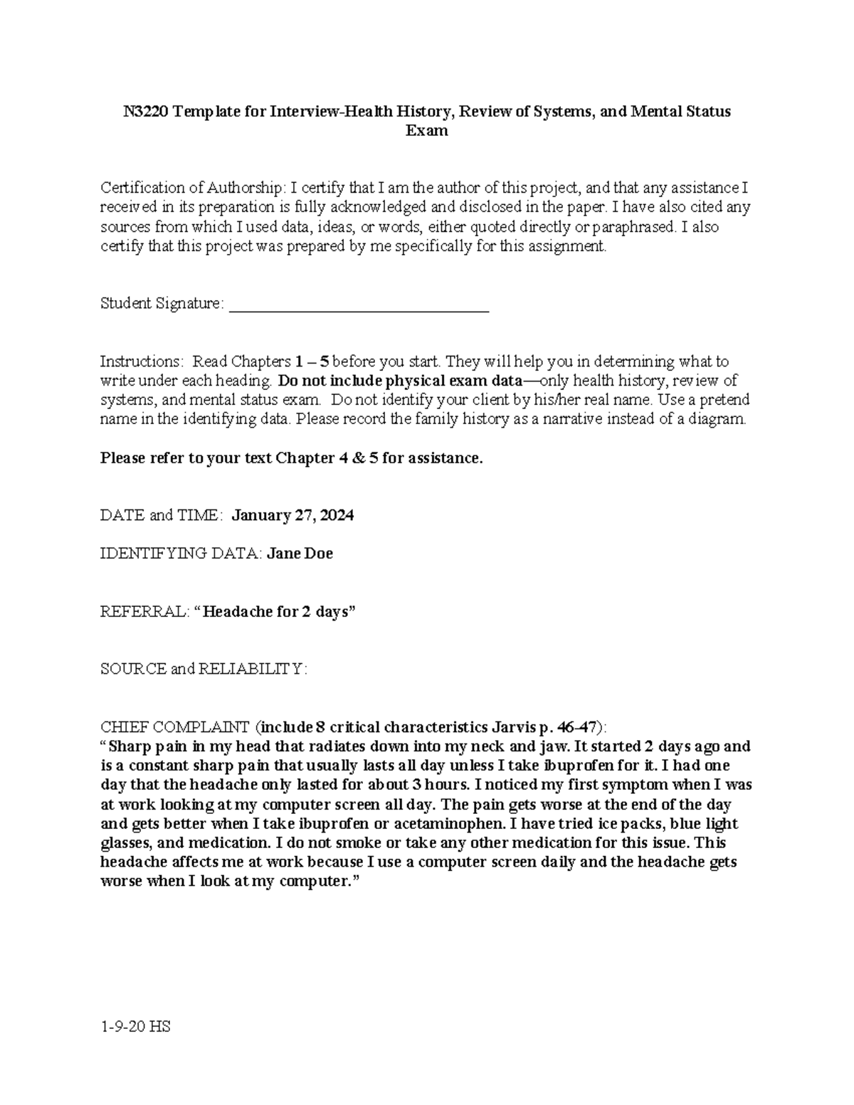 Health History Interview - N3220 Template for Interview-Health History ...