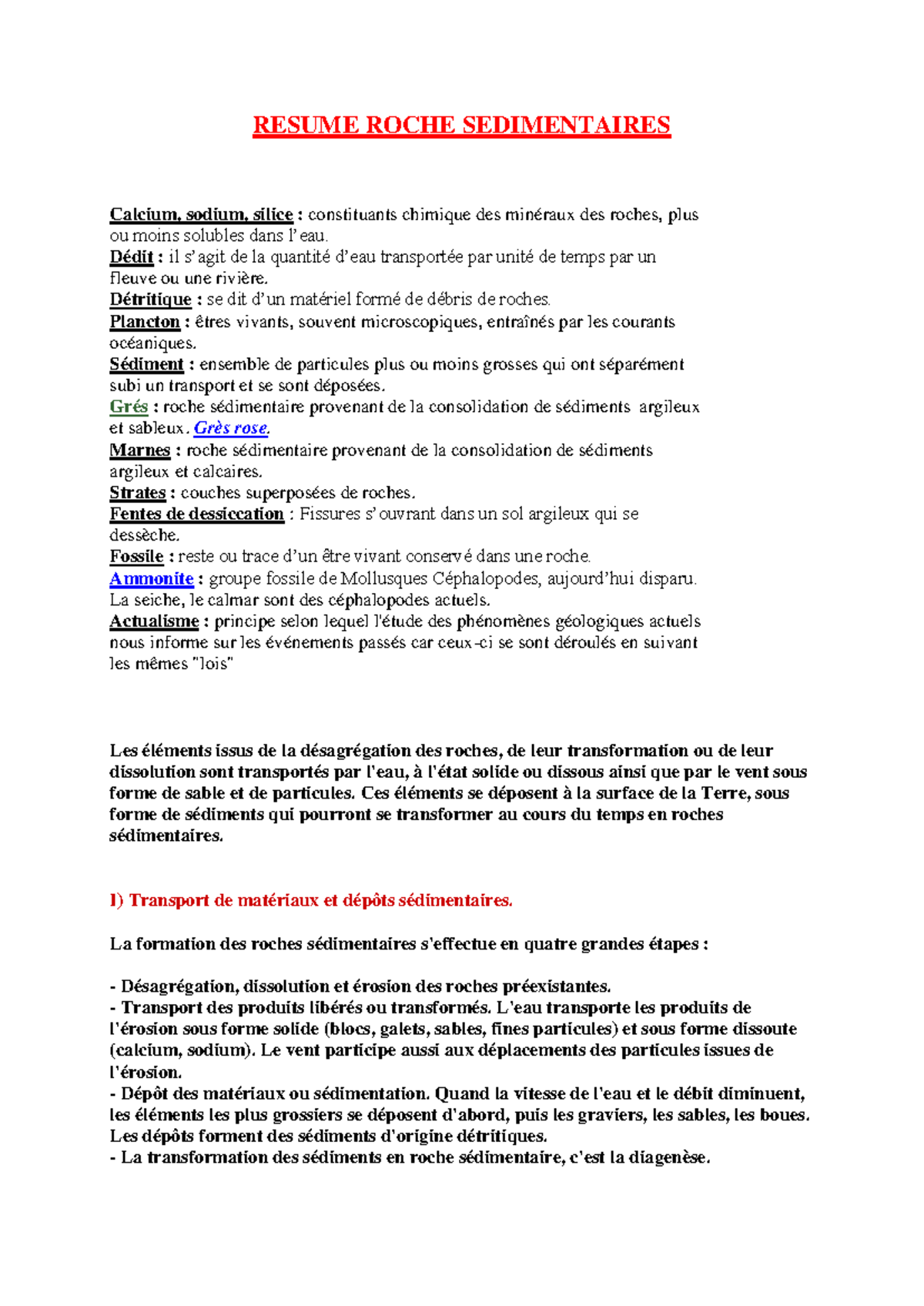 Resume Roche Sedimentaires - RESUME ROCHE SEDIMENTAIRES Calcium, sodium ...