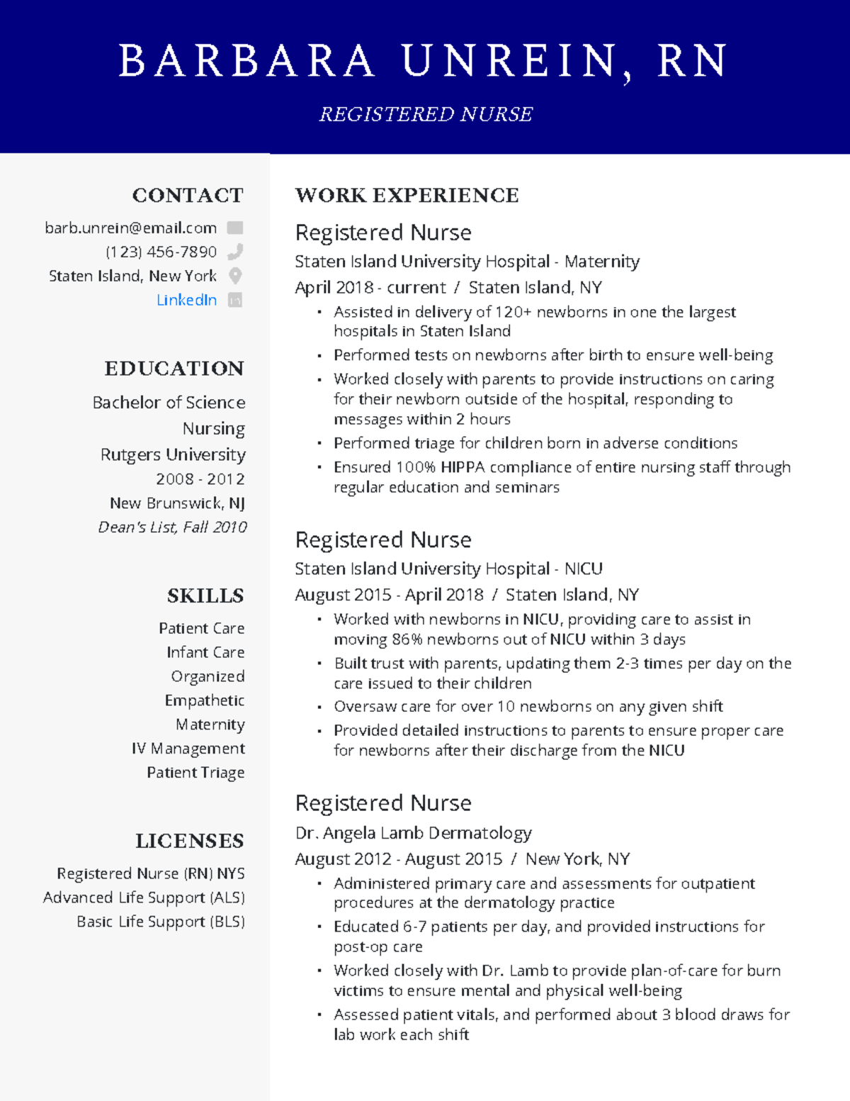 Nursing Resume Example B A R B A R A U N R E I N R N REGISTERED   Thumb 1200 1553 