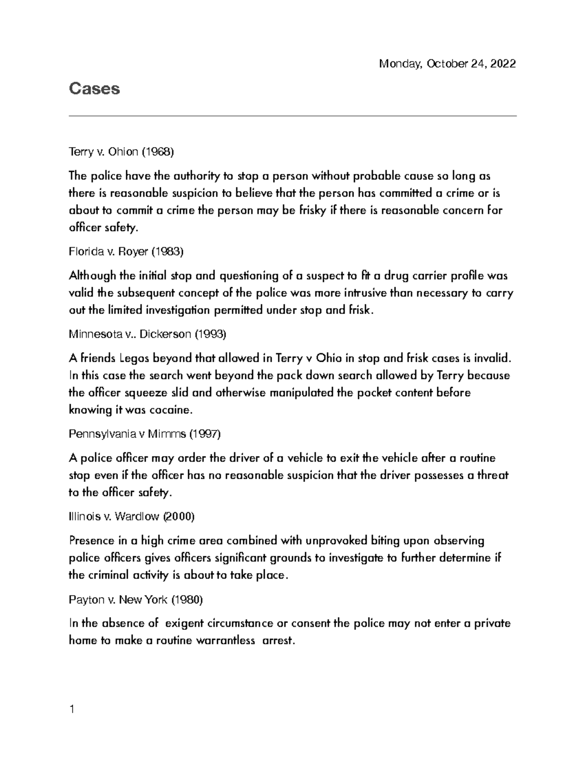 ADJ-2 cases pg 2 - Monday, October 24, 2022 Cases Terry v. Ohion (1968 ...