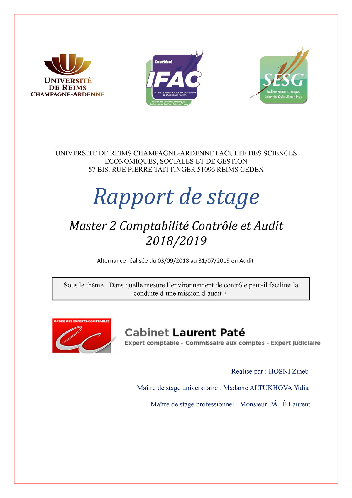 M2 CCA  Rapport de stage M2 CCA  UNIVERSITE DE REIMS CHAMPAGNE