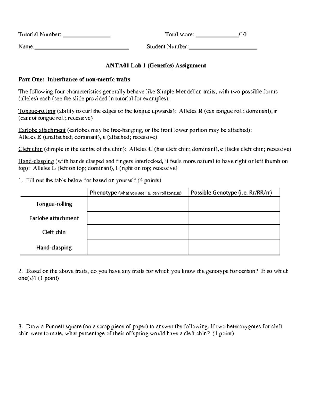 Lab 1 Assignment Fall 2020 - Tutorial Number: Total Score: Name ...