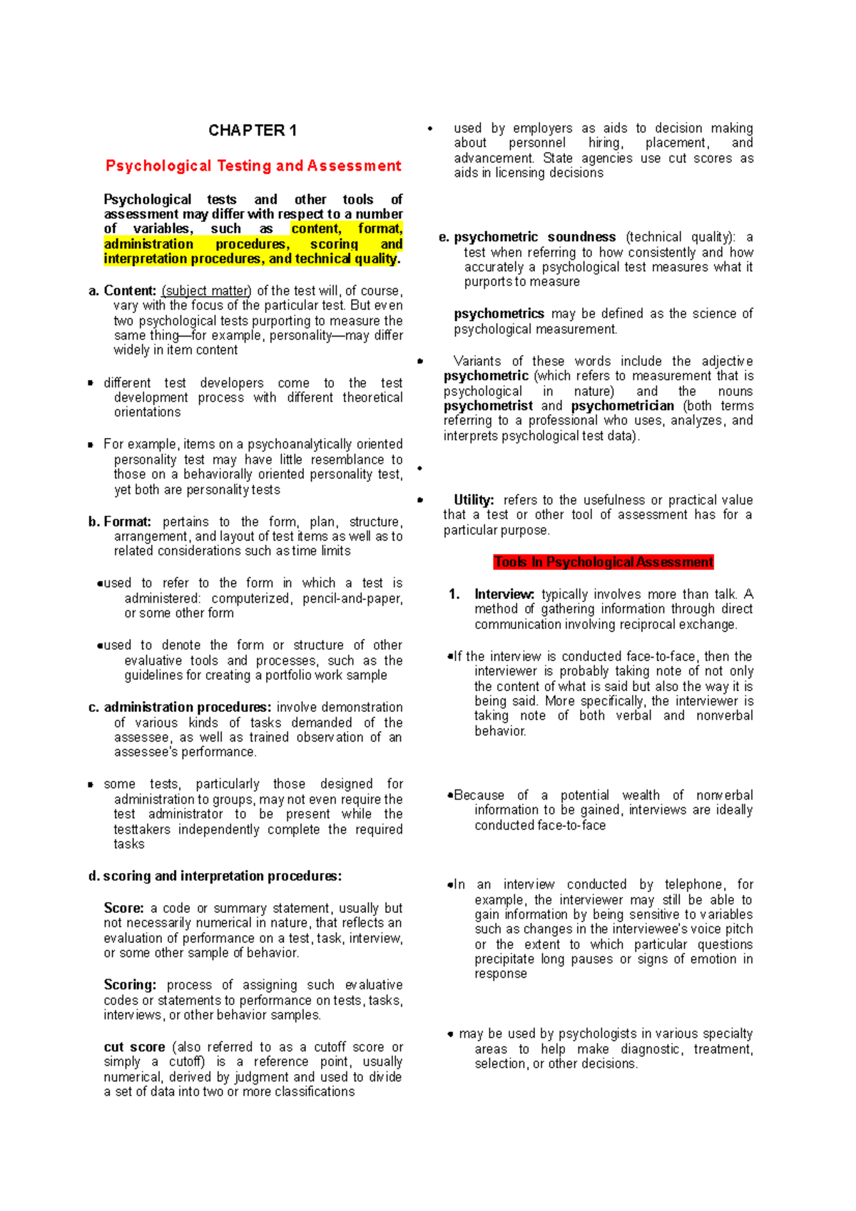 Chapter 1- Psychological Assessment - CHAPTER 1 Psychological Testing ...