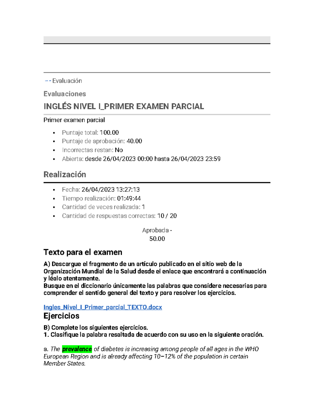 Primer parcial de inglés 1 - menú Contenidos Unidad Evaluación ...