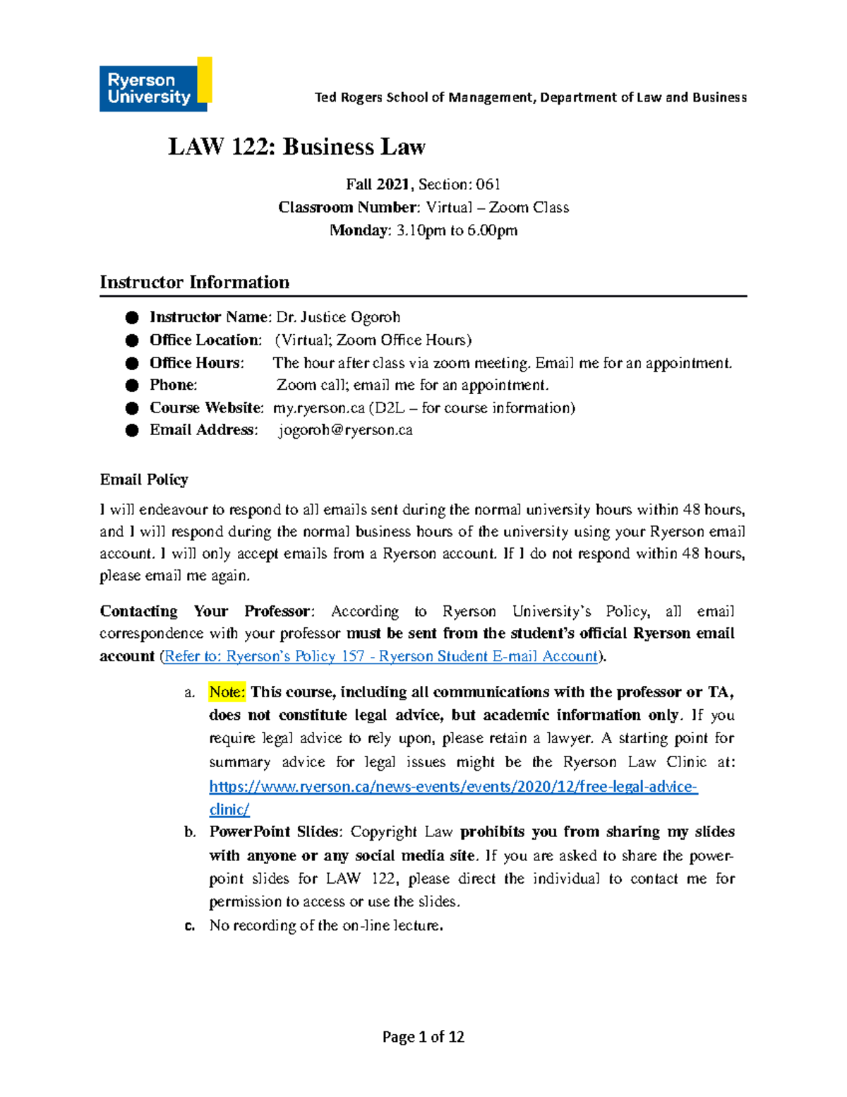 LAW 122 Course Outline Monday Section 061 Justice Ogoroh - Ted Rogers ...
