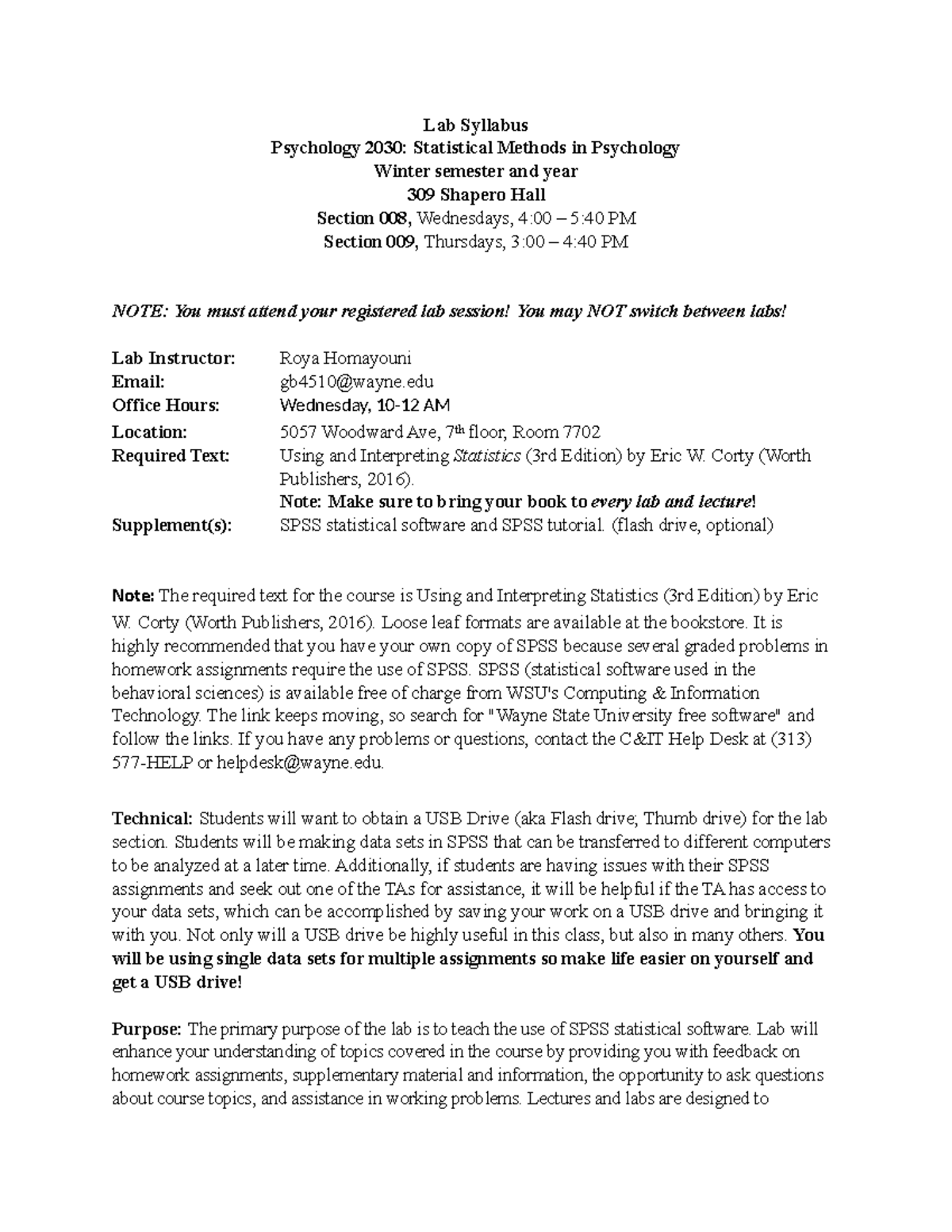 Lab Syllabus 008 Lab Syllabus Psychology 2030 Statistical Methods in