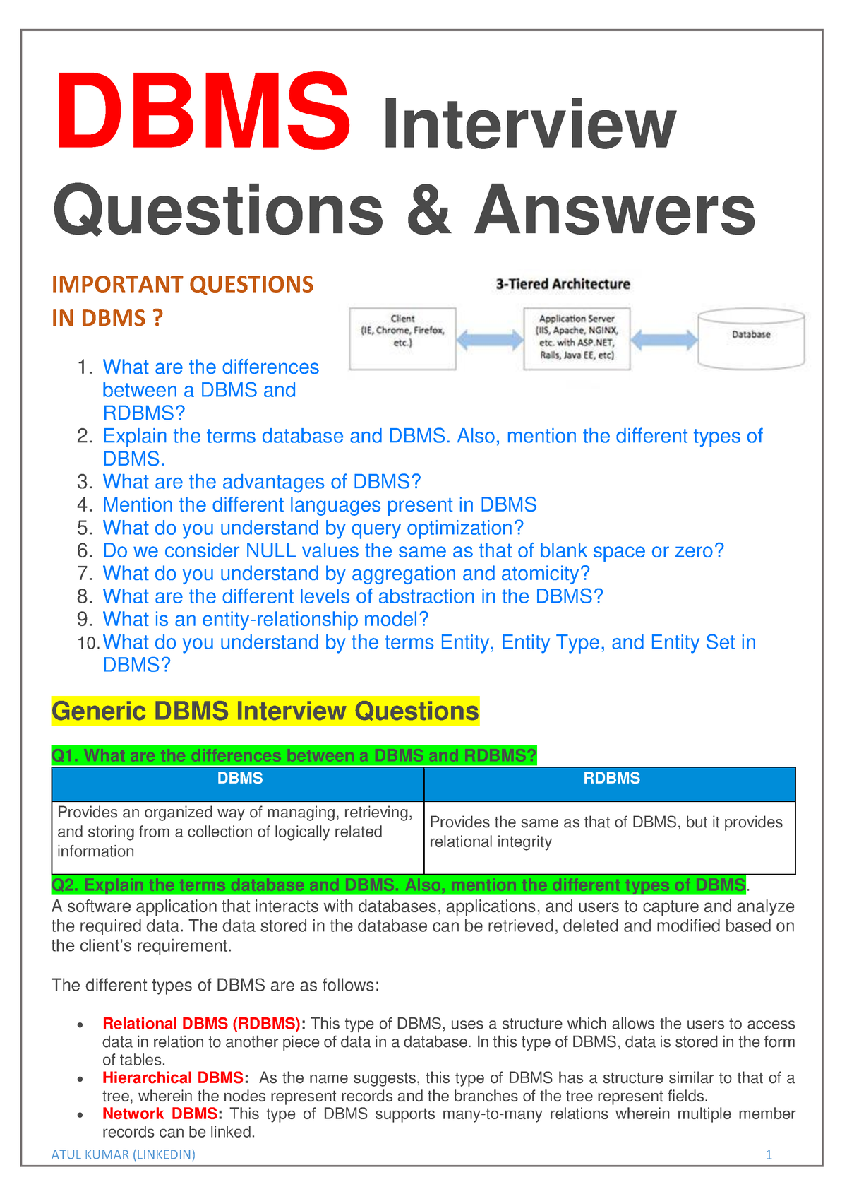 DBMS Interview Questions - DBMS Interview Questions & Answers IMPORTANT ...