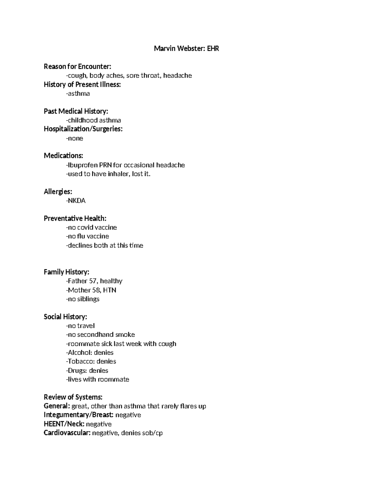 NR509 Week 2 IHuman EHR - Marvin Webster: EHR Reason For Encounter ...