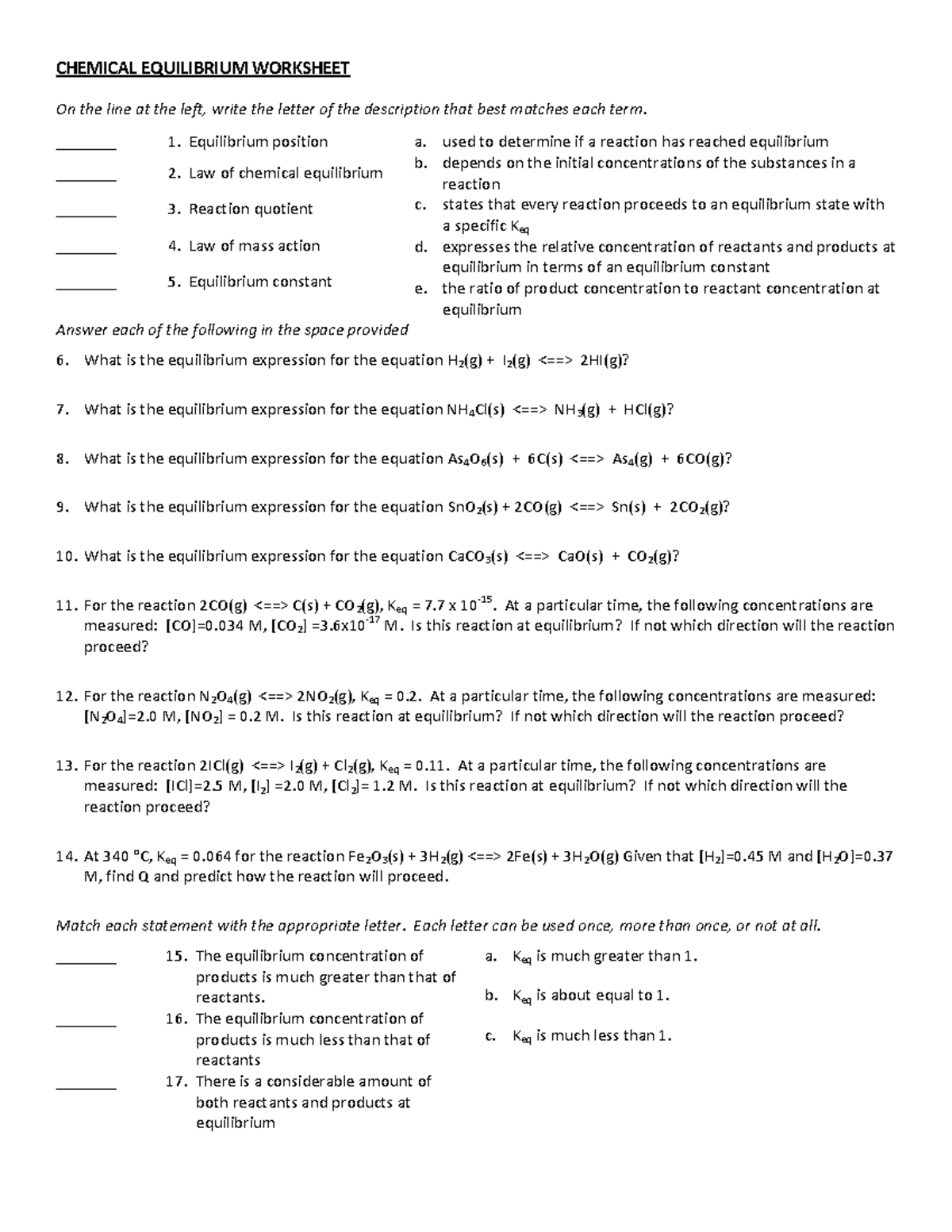 Equilibrium - CHEMICAL EQUILIBRIUM WORKSHEET On the line at the left ...