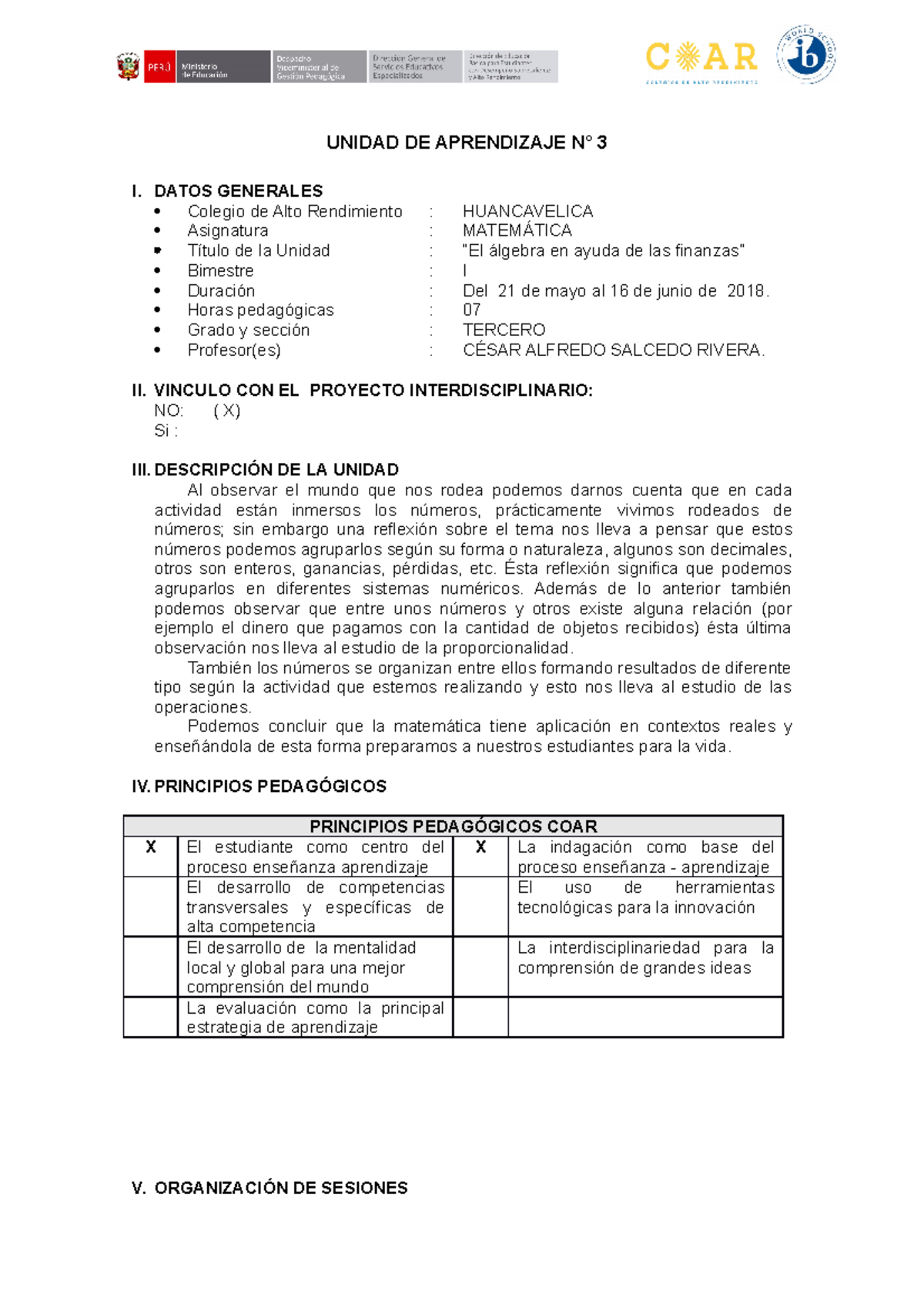 Unidad DE Aprendizaje N 3 2018 - UNIDAD DE APRENDIZAJE N° 3 I. DATOS ...
