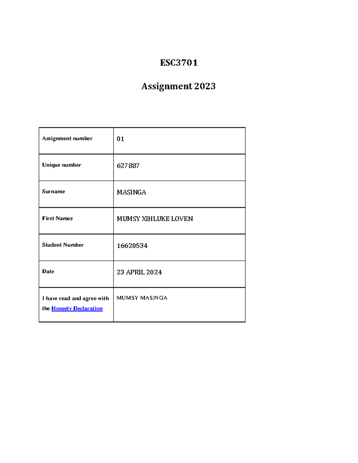 Final esc assigment final 2 - ESC Assignment 2023 Assignment number 01 ...