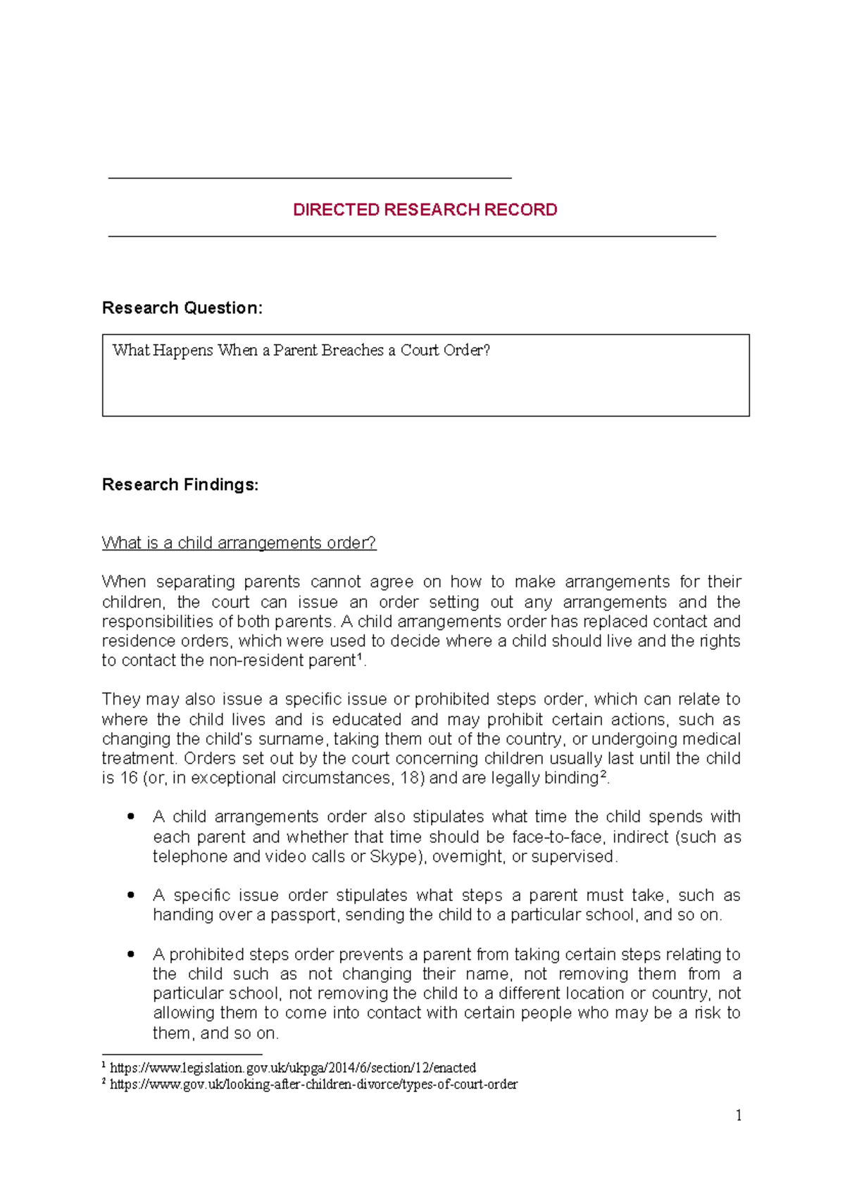 Research Record - Breach of Court Order - DIRECTED RESEARCH RECORD ...