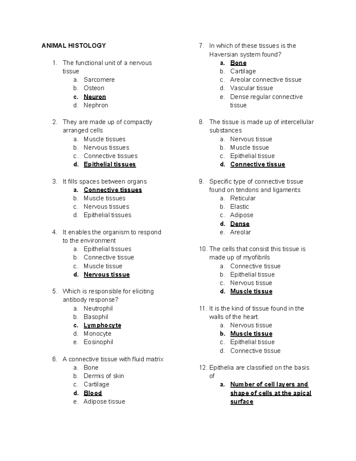 Zoology quizzes with answer keys ANIMAL HISTOLOGY The functional unit of a nervous tissue a
