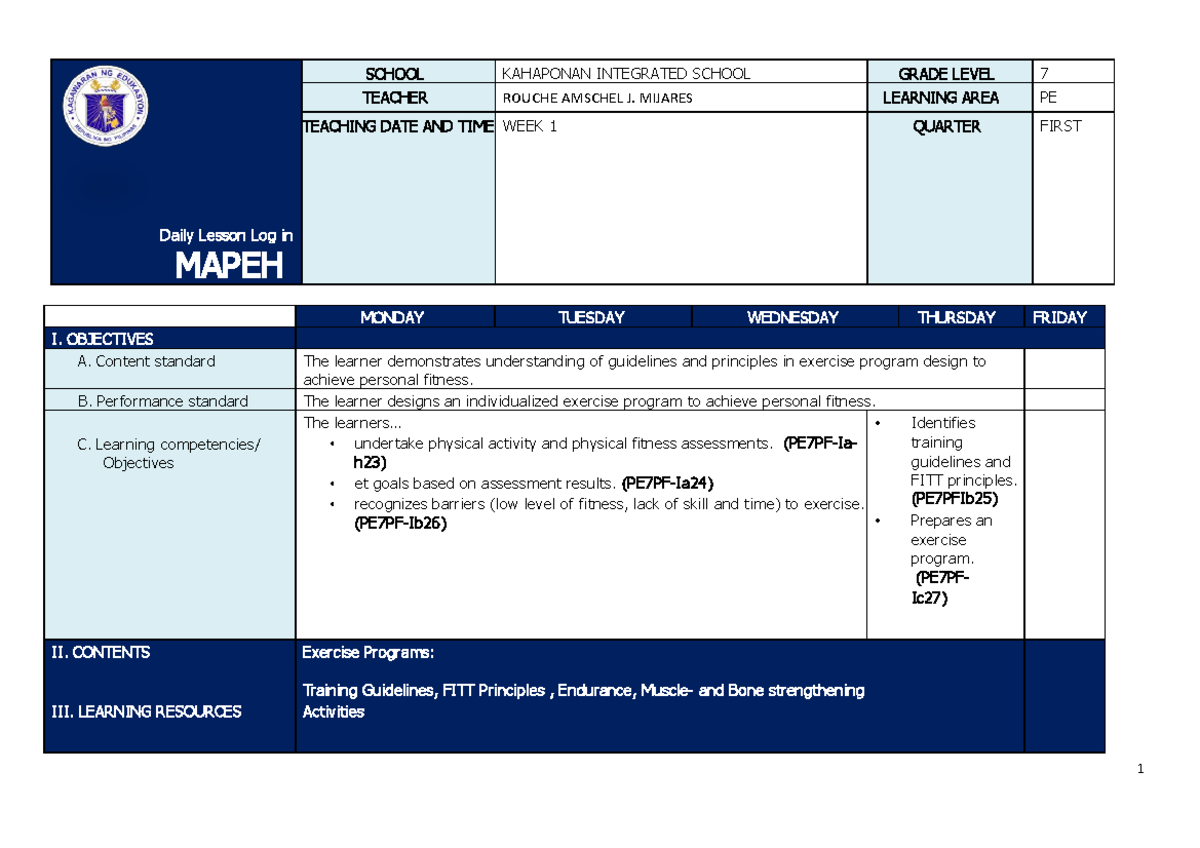 Q1 Grade 7 PE DLL Week 1 - ghj; - Daily Lesson Log in MAPEH SCHOOL ...