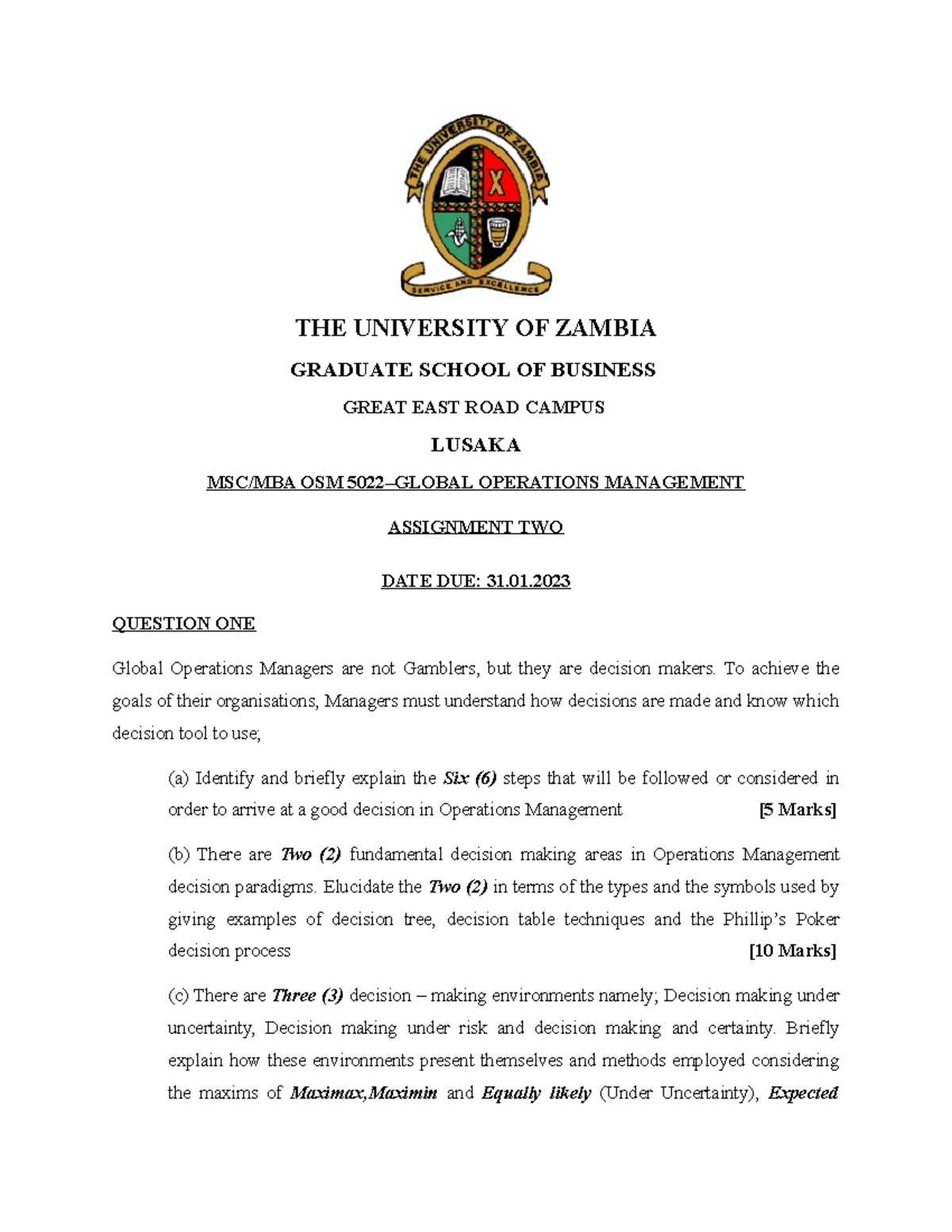 Assignment 2 - THE UNIVERSITY OF ZAMBIA GRADUATE SCHOOL OF BUSINESS