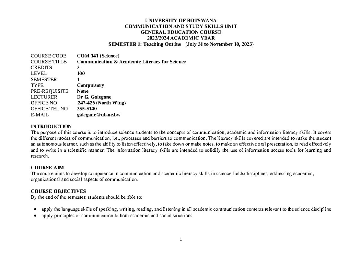 COM 141 Course Outline 2023 - UNIVERSITY OF BOTSWANA COMMUNICATION AND