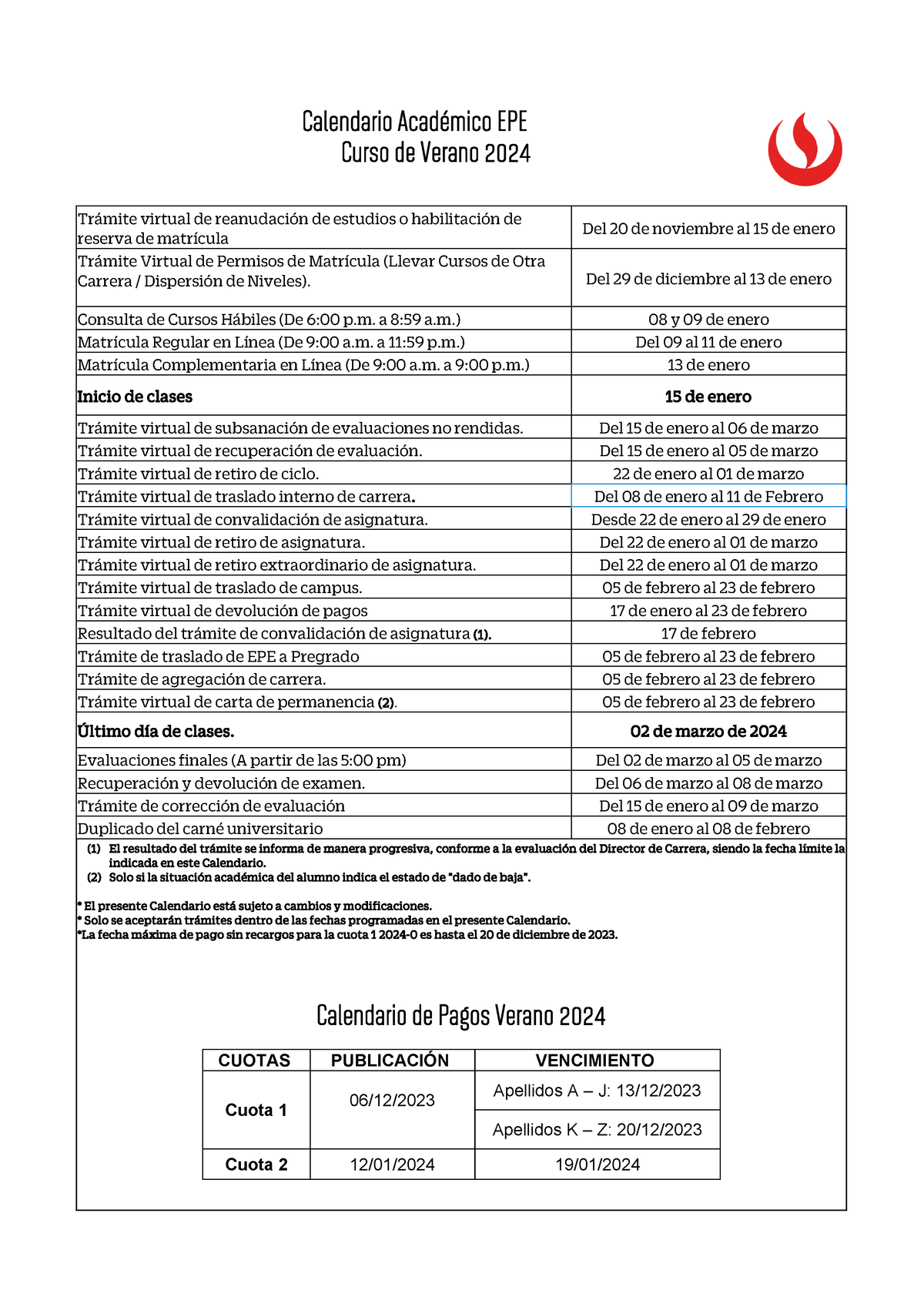 Calendario Académico EPE 20240 Calendario Académico EPE Curso de