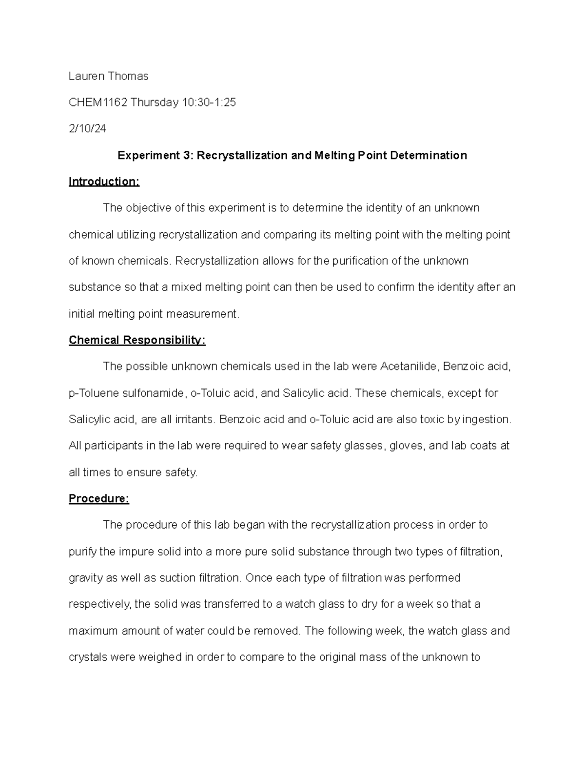 Recrystallization and Melting Point Determination Lab Report - Lauren ...