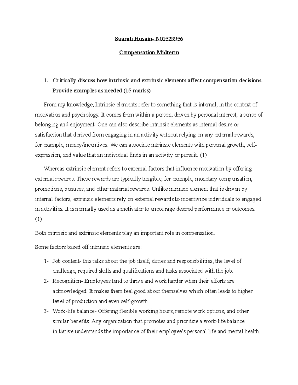 Compensation Midterm - Saarah Husain- N Compensation Midterm Critically ...