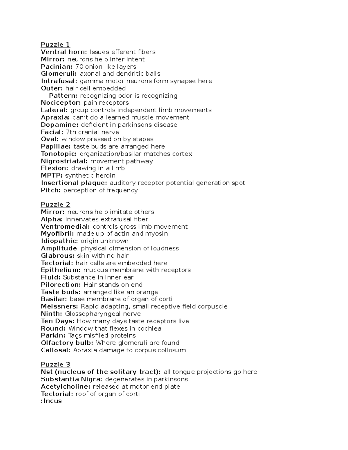 Exam 3 review - Ch 7 & 8 - Puzzle 1 Ventral horn: Issues efferent ...