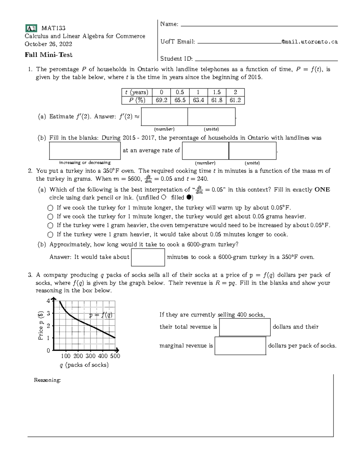 2022 fall mini test A1 - TEST WITH FIST 12 WEEKS - Mat133Y1 - U of T ...