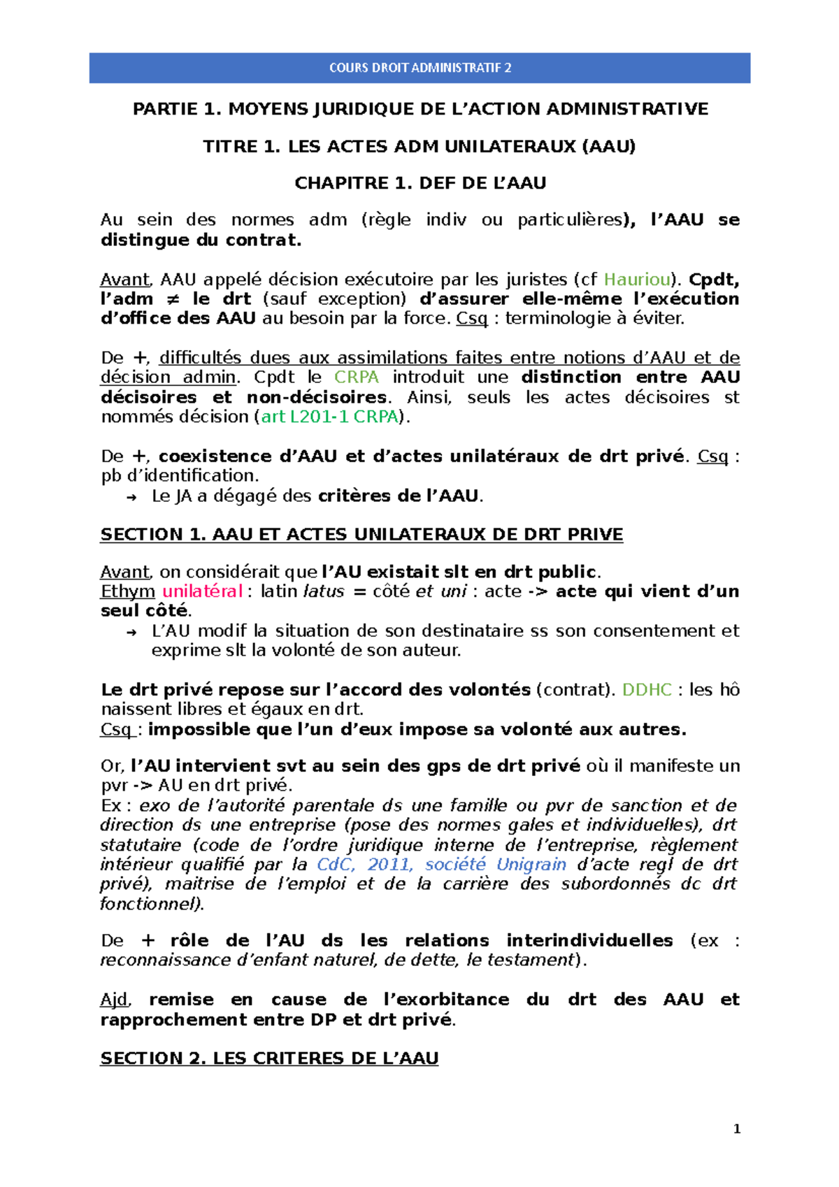 Droit Administratif Cours 2 - PARTIE 1. MOYENS JURIDIQUE DE L’ACTION ...