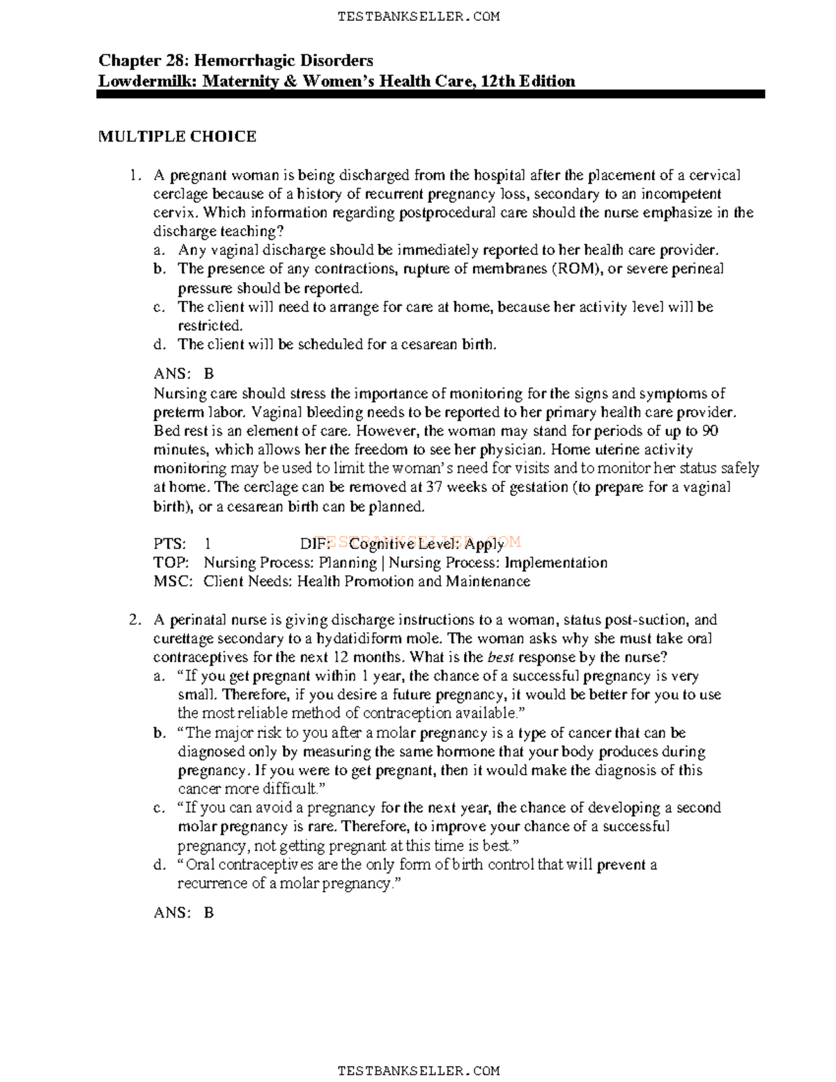 28-2 - Test Bank - TESTBANKSELLER Chapter 28: Hemorrhagic Disorders Lowdermilk: Maternity ...