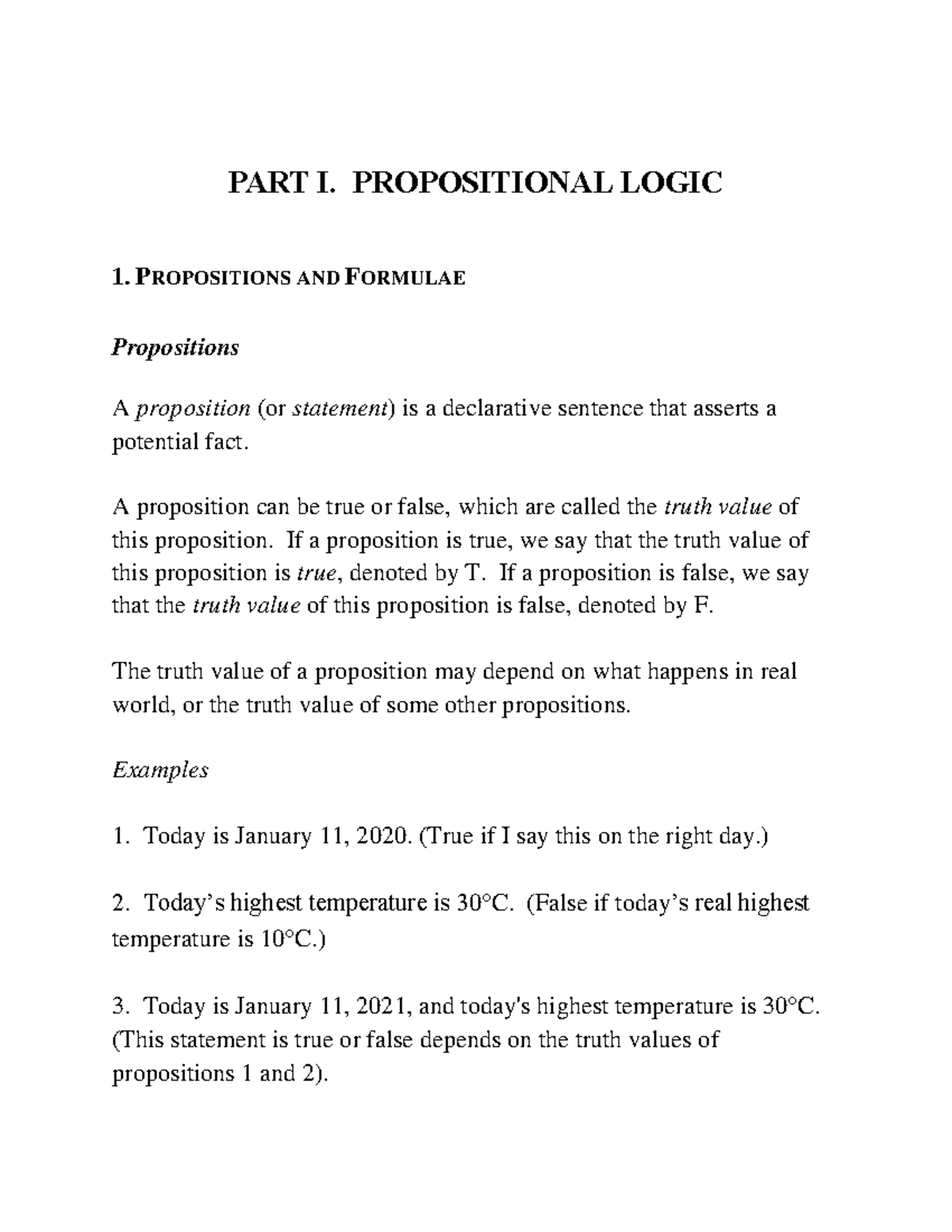 1348Notes W 21-1 - lec - PART I. PROPOSITIONAL LOGIC 1. PROPOSITIONS ...