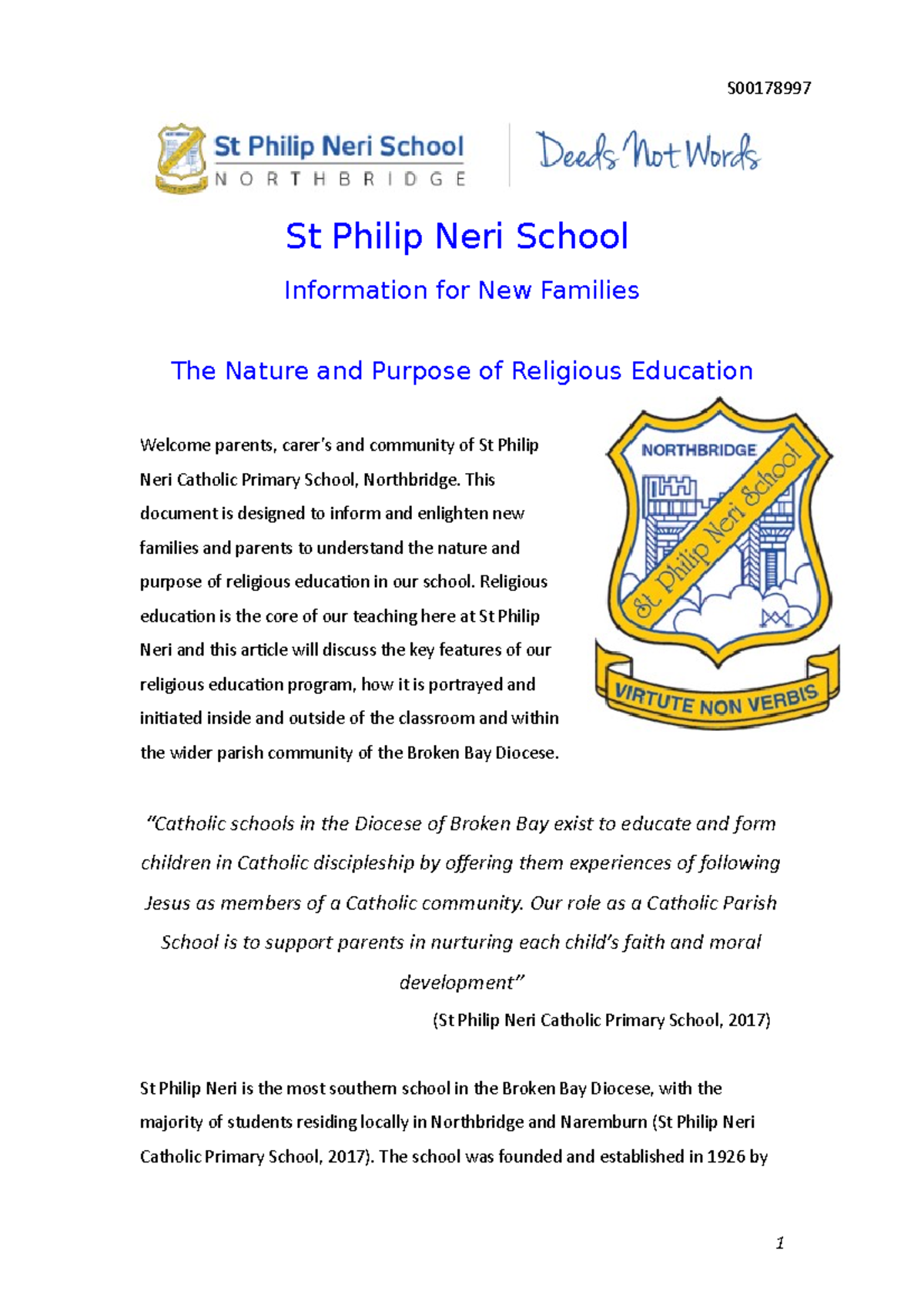 Assignment 1 St Philip Neri School Information for New Families The
