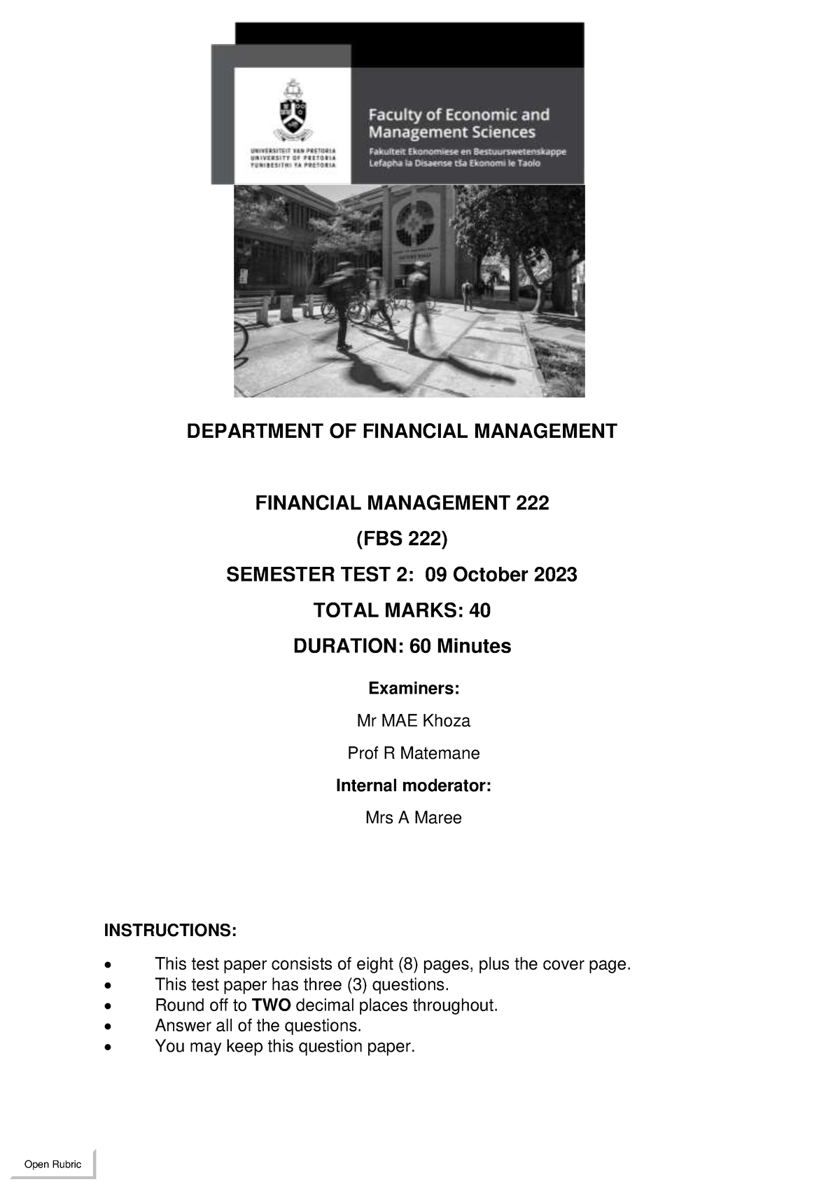 Semester Test 2. 2 Oct 2023 - DEPARTMENT OF FINANCIAL MANAGEMENT ...