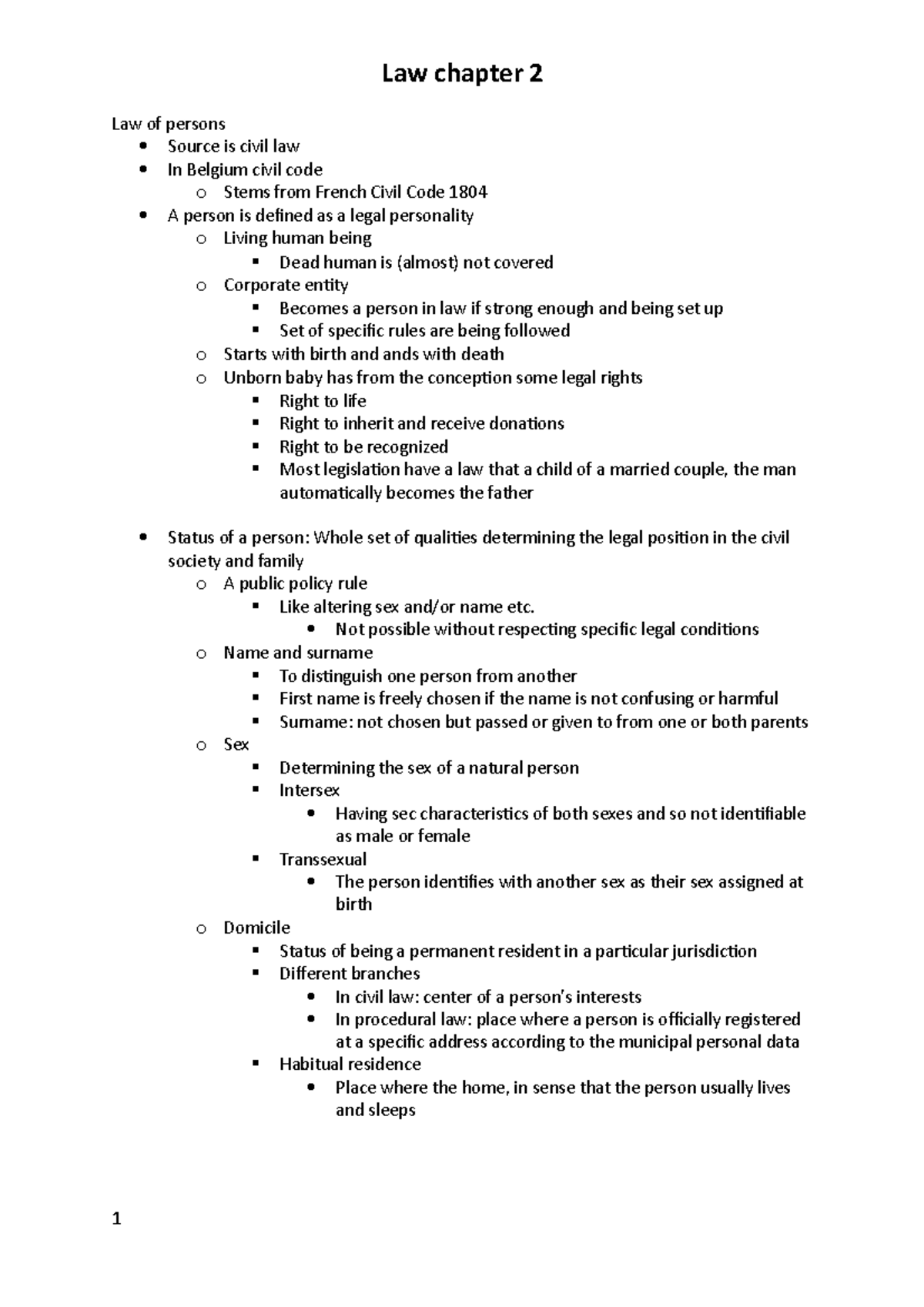 Summary-chapter-2 - Law of persons Source is civil law In Belgium civil ...