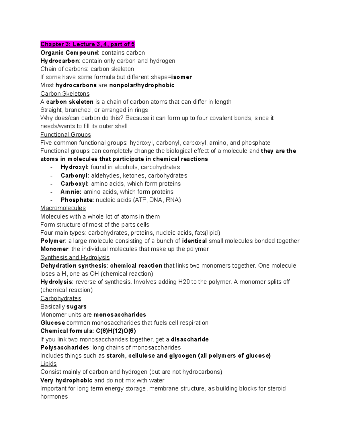 Chapter 3 Biology 105 - Chapter 3: Lecture 3, 4, part of 5 Organic ...