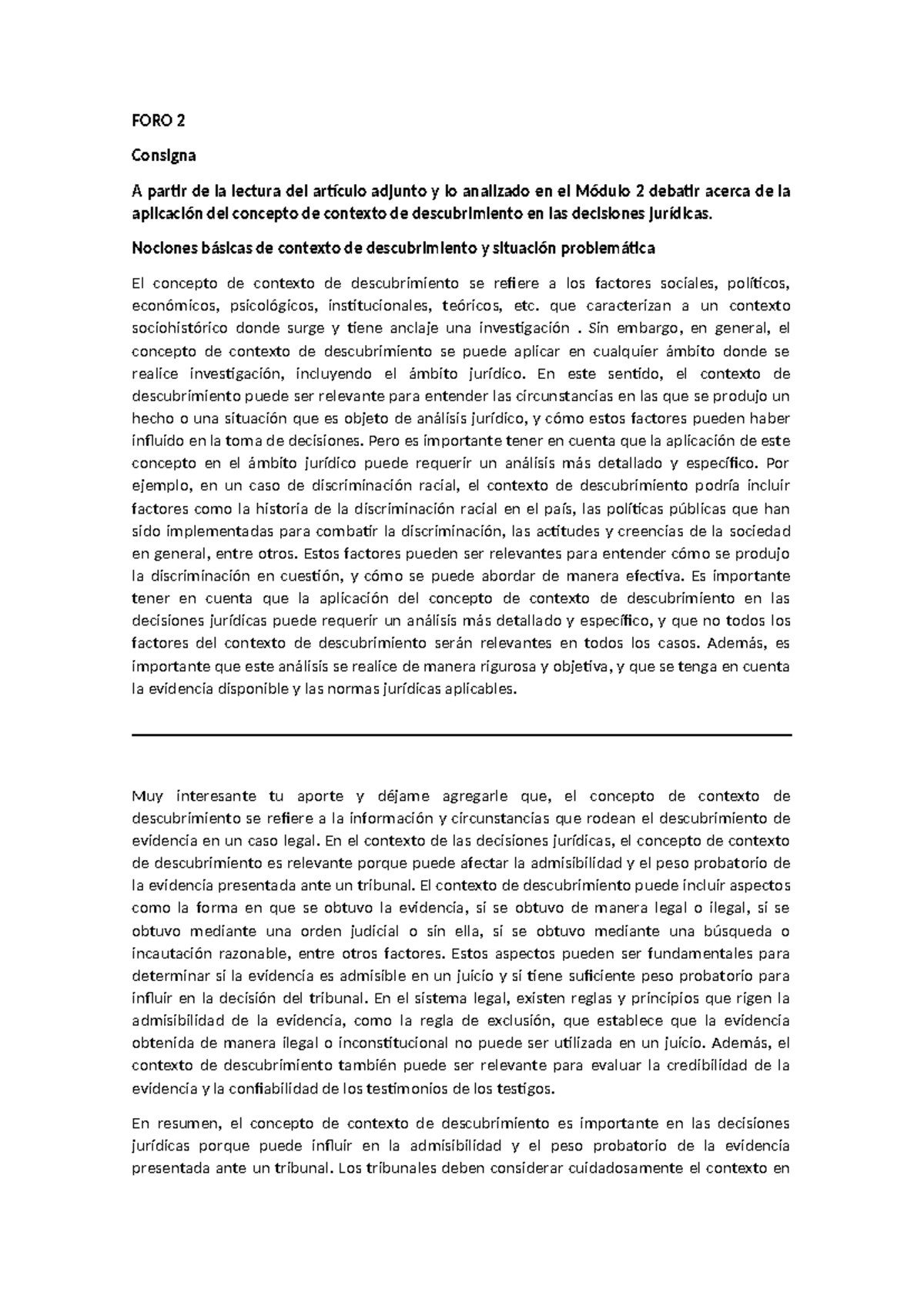 FORO 2 - Foro 2 - FORO 2 Consigna A partir de la lectura del artículo ...