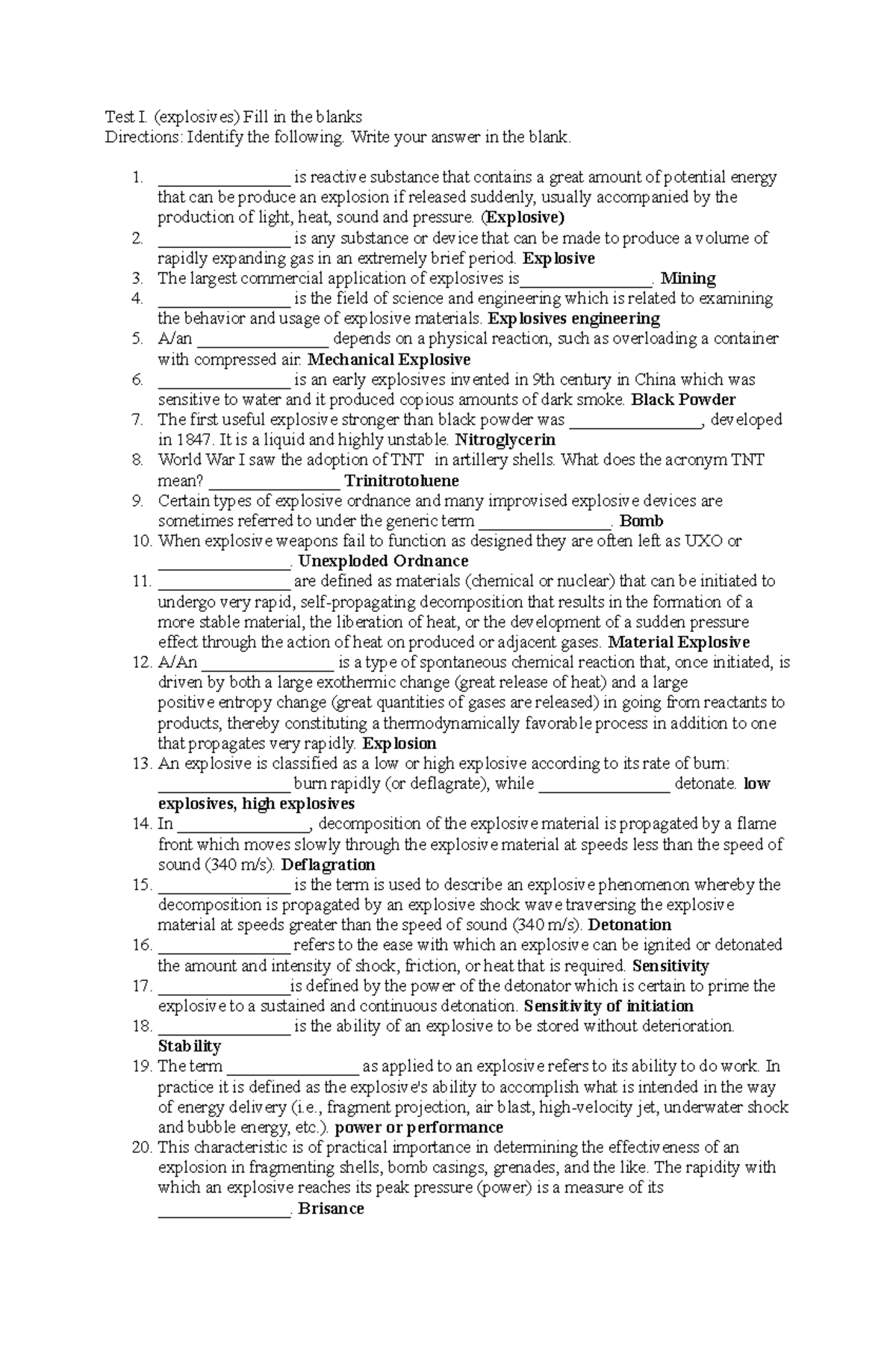 Final exam, answers in Forensic Chemistry - Test I. (explosives) Fill ...