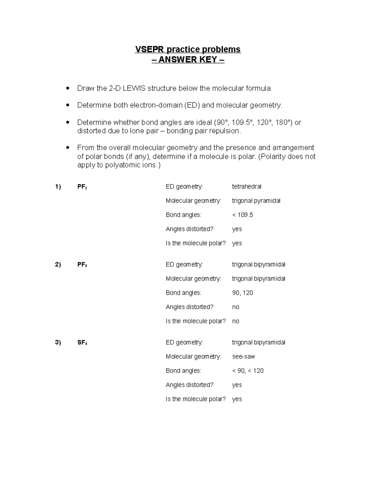 Vsepr Practice Problems - VSEPR Practice Problems – ANSWER KEY – Draw ...