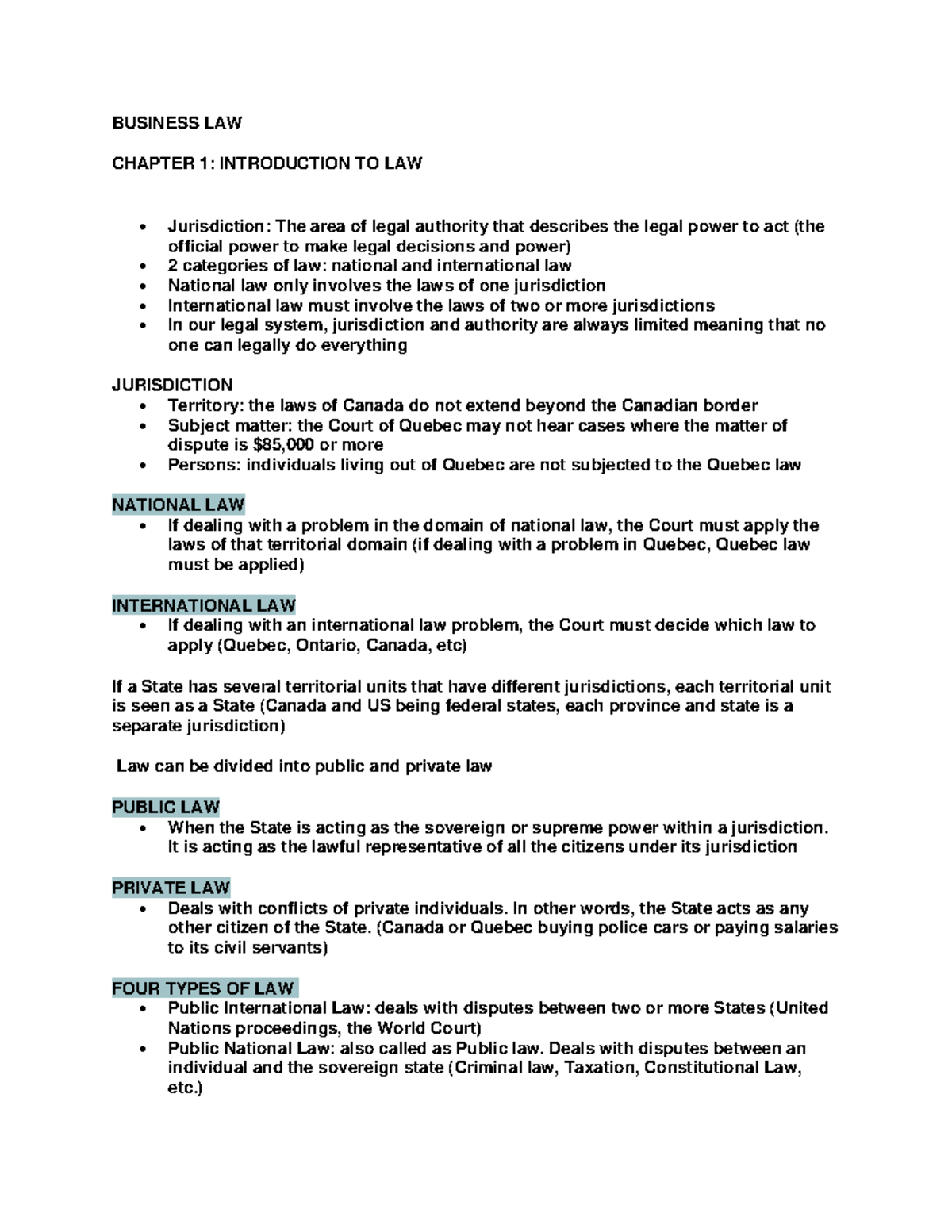Business Law Summary of lessons BUSINESS LAW CHAPTER 1