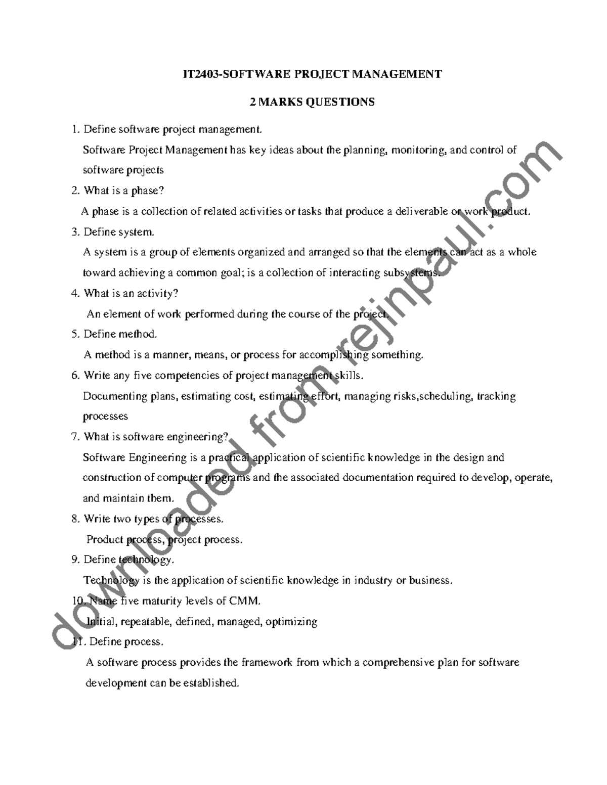 IT2403 2 marks - IT notes - IT2403-SOFTWARE PROJECT MANAGEMENT 2 MARKS ...