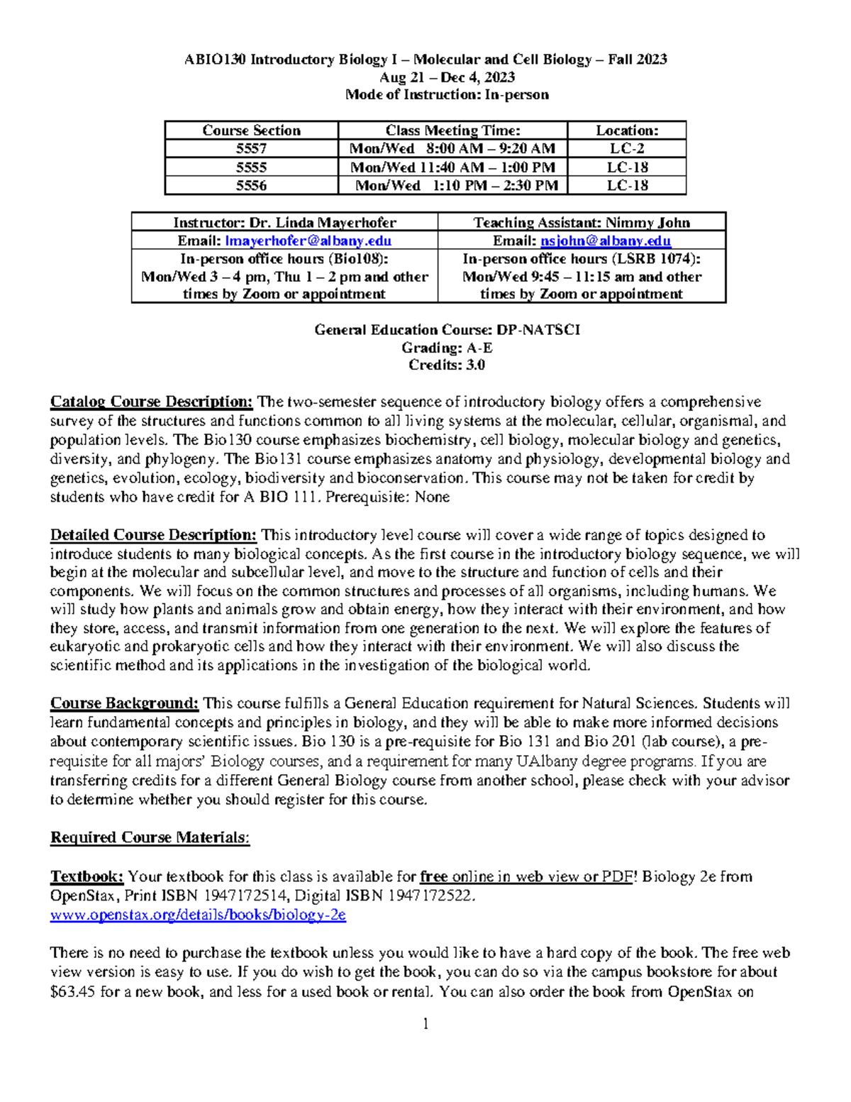 General Biology 1 - Syllabus - ABIO 130 Introductory Biology I ...