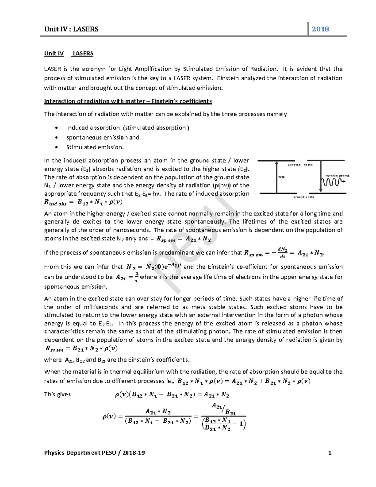 4 Lasers - Course Notes - Unit IV LASERS LASER is the acronym for Light ...