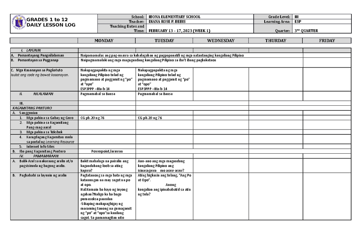 DLL ESP 3 Q3 W1 - so interesting - GRADES 1 to 12 DAILY LESSON LOG ...