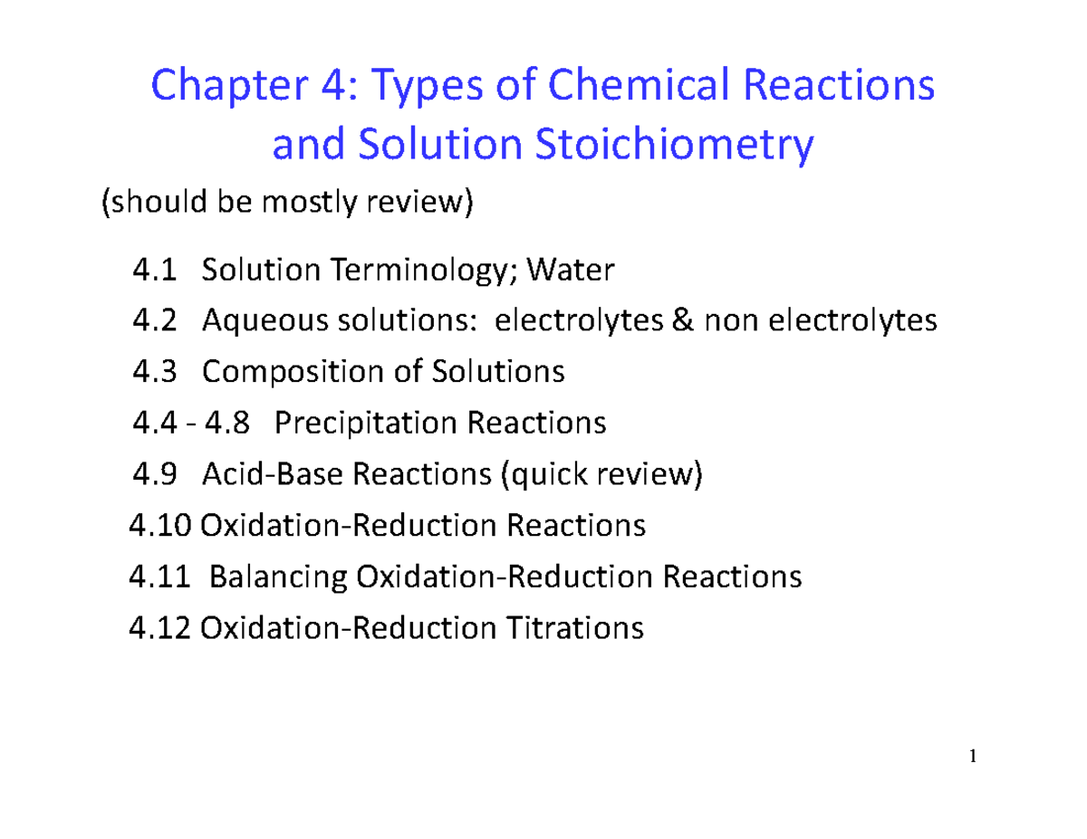 Chapter 4 19-1 notes - Chapter 4: Types of Chemical Reactions and ...