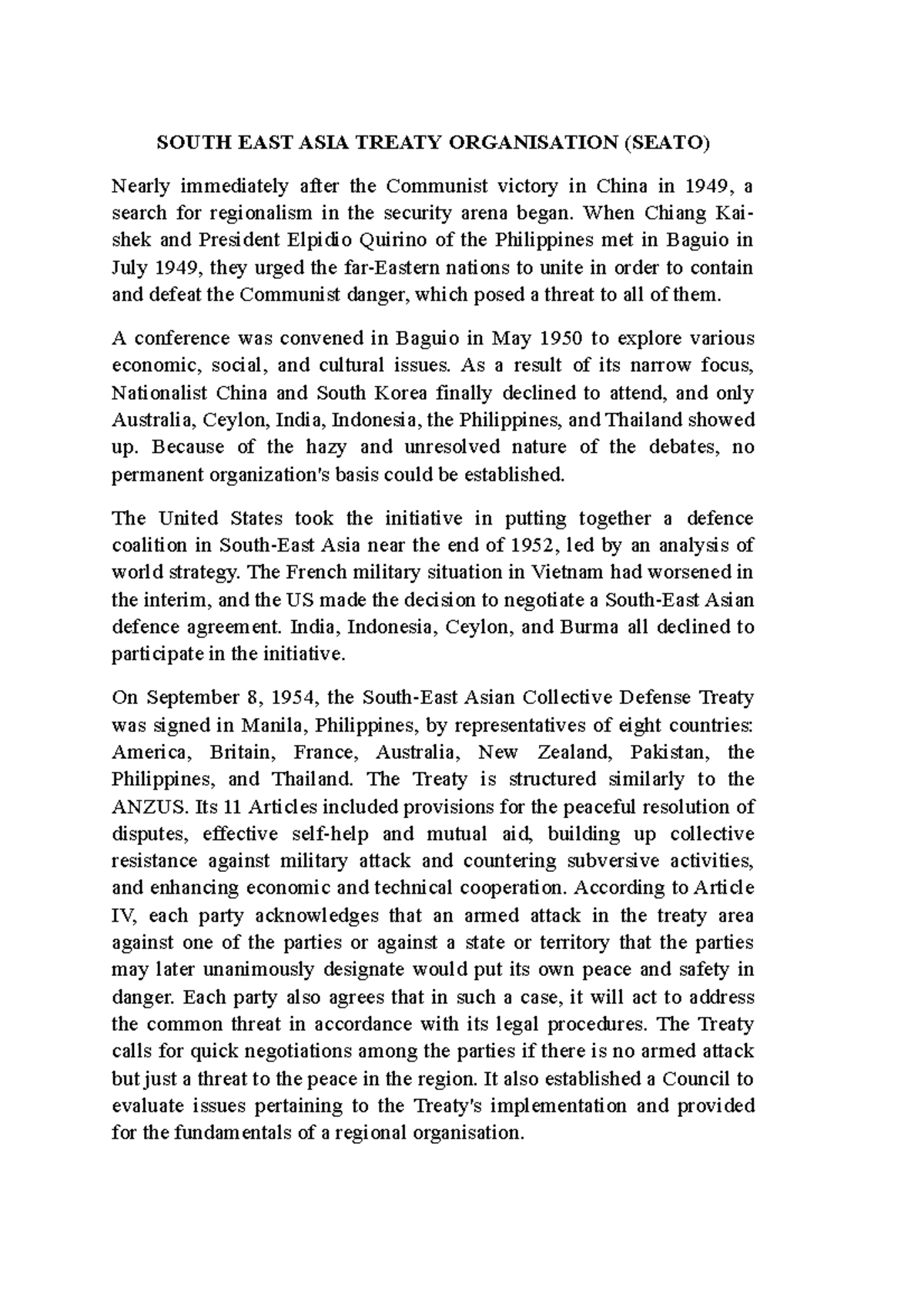 South EAST ASIA Treaty Organisation ( Seato) - SOUTH EAST ASIA TREATY ...