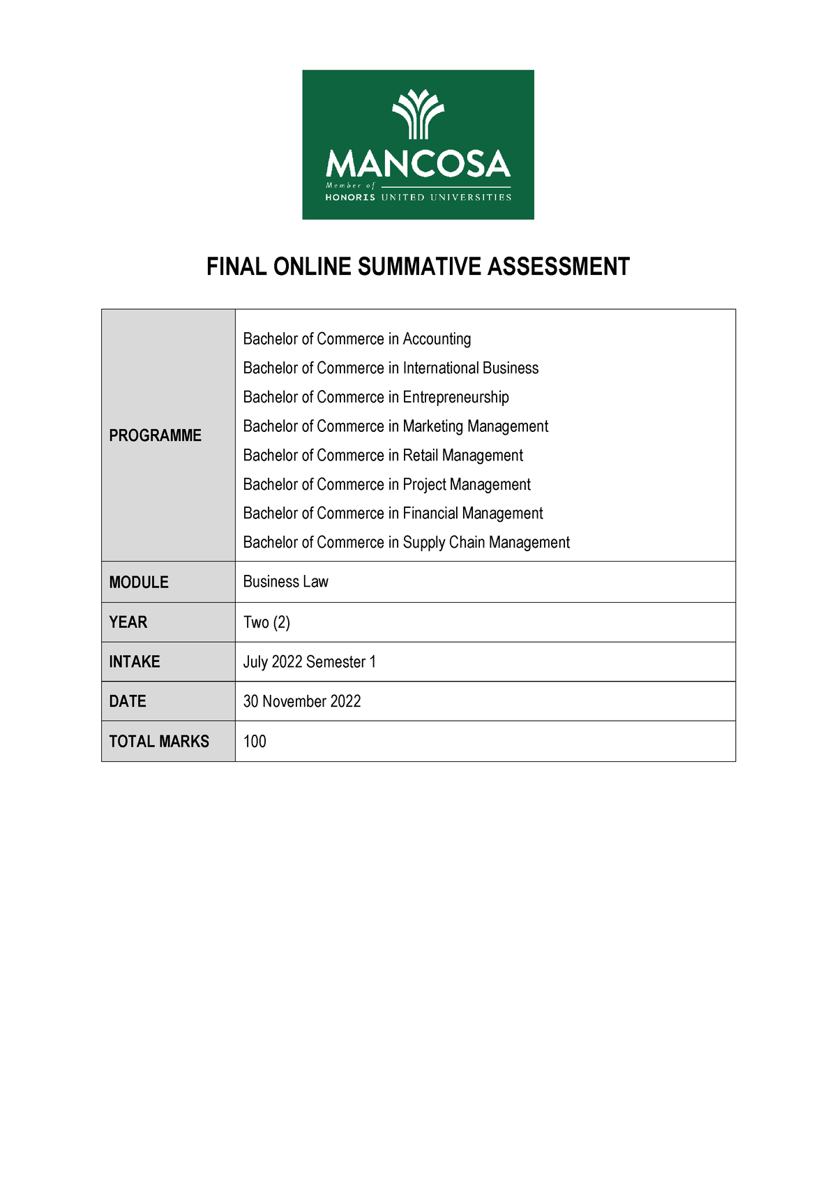 Business Law Final OSA Nov 2022 (1) (003) - FINAL ONLINE SUMMATIVE ...