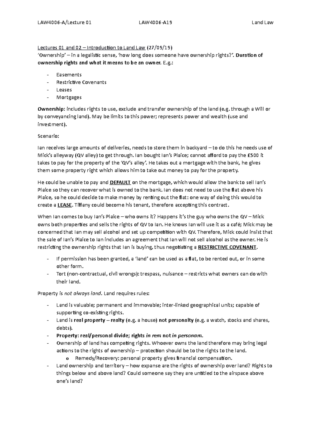 Land Law - Law4006-a (full Year Notes) - Lectures 01 And 02 