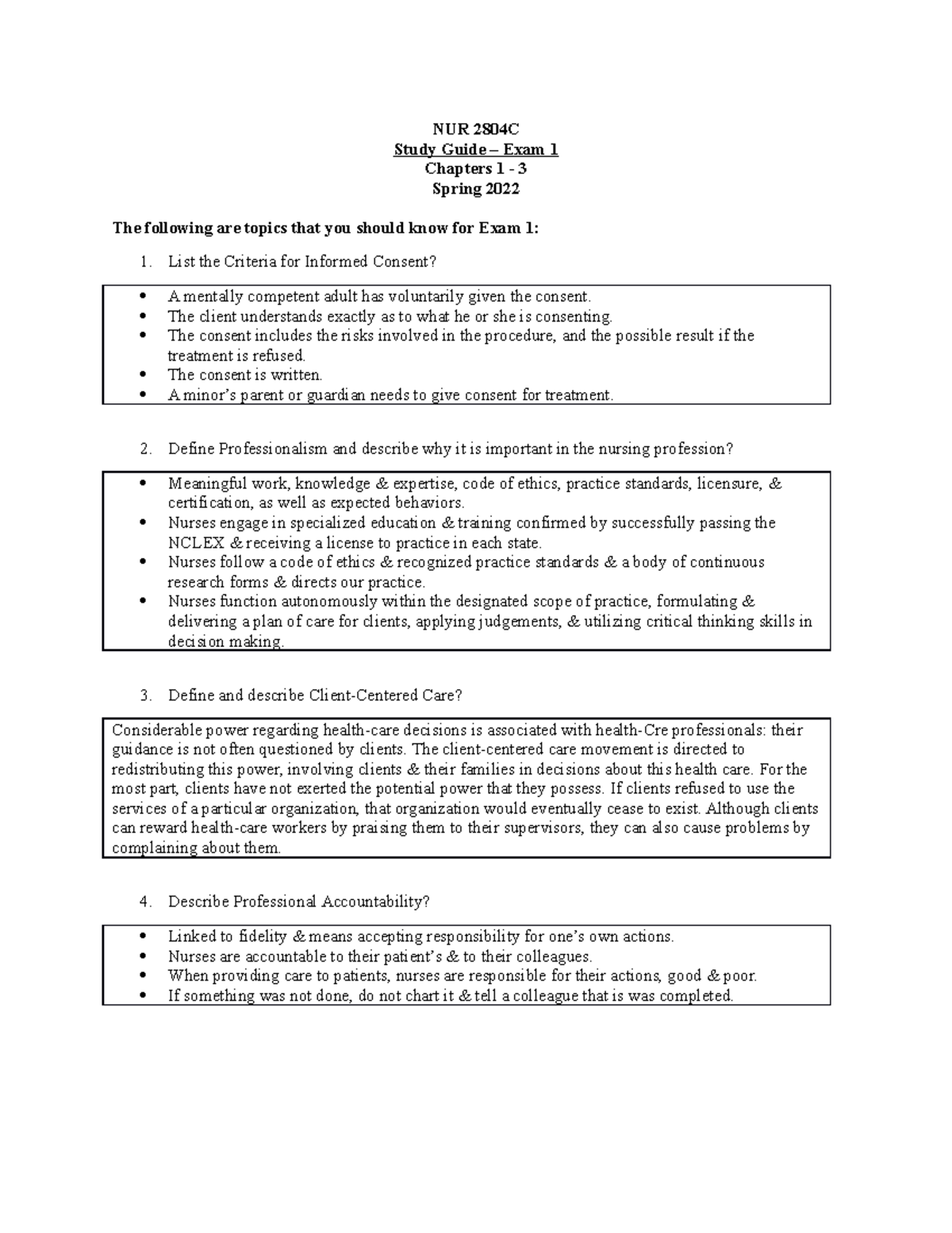 Leadership Exam 1 Study Guide Chps 1-3 Spring 2022 - NUR 2804C Study ...