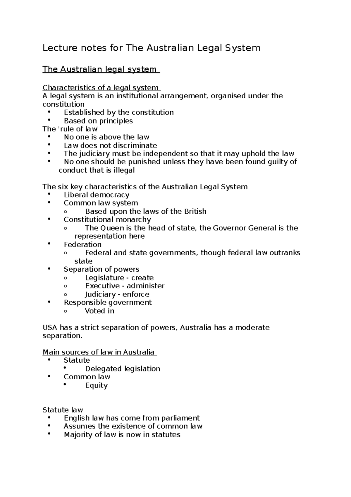 Lecture notes for The Australian Legal System Main sources of law in