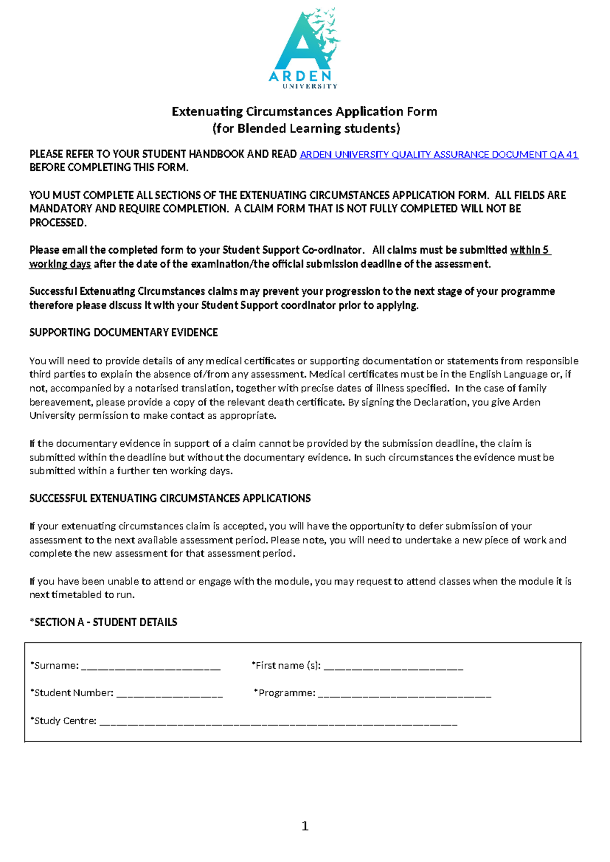 QA 41A Extenuating Circumstances Form BL V6 - Extenuating Circumstances ...