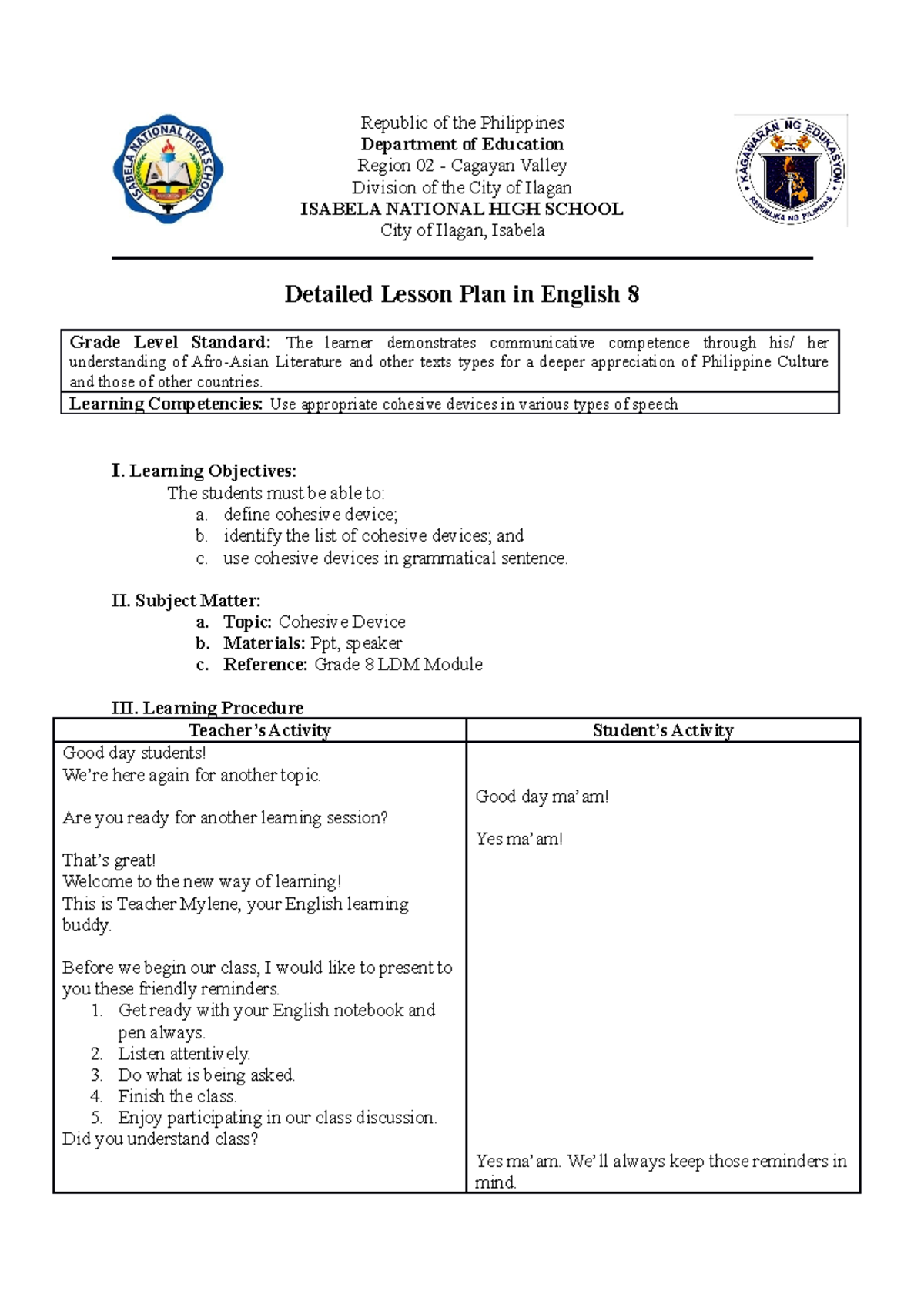 Cohesive Device CO 20202021 Republic of the Philippines Department