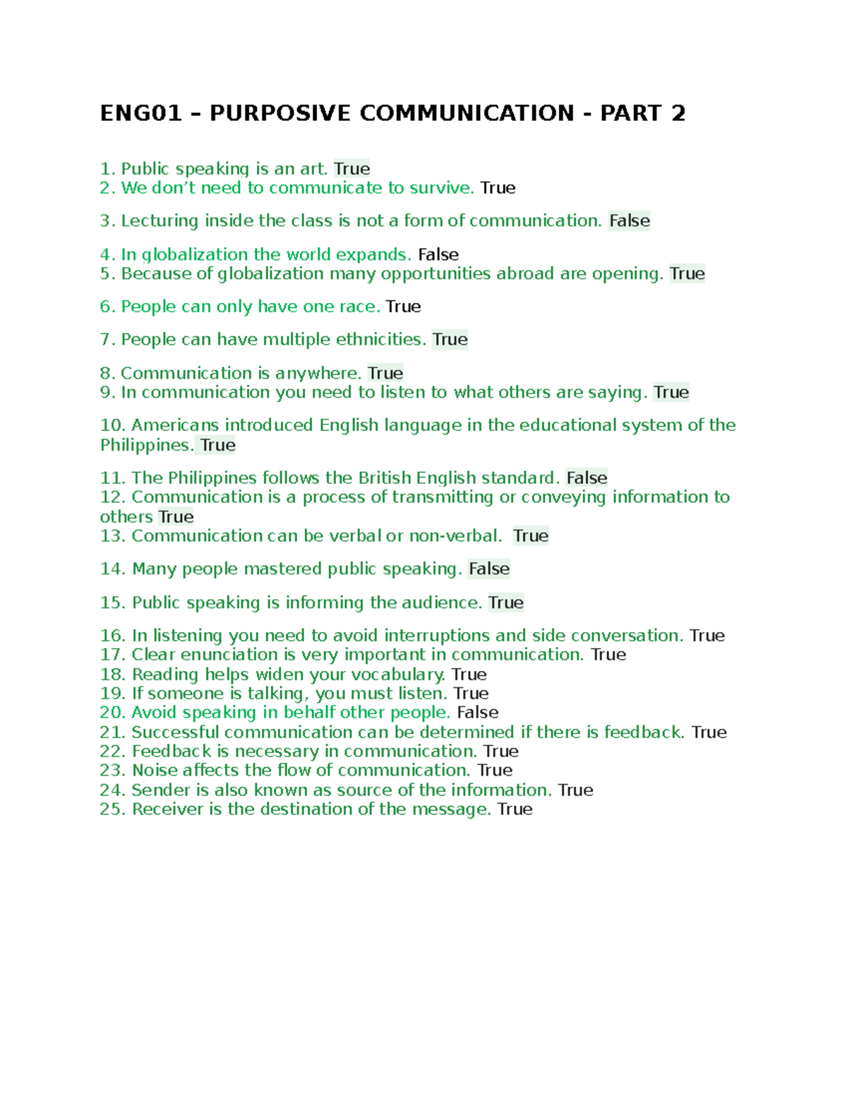 ENG01 P2 - pre test - ENG01 – PURPOSIVE COMMUNICATION - PART 2 1 ...